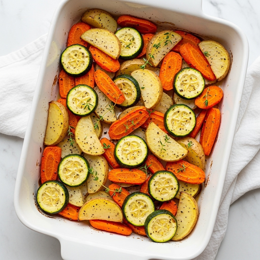 The image shows a white rectangular baking dish filled with a colorful mix of roasted vegetables. The top layer has thick slices of orange carrots, round green zucchini pieces with soft white centers, and semi-circular slices of light brown potatoes, all roasted to a slightly browned texture with visible specks of herbs and black pepper. The vegetables are scattered evenly with some green thyme leaves placed on top for extra detail. The dish is set on a white marbled surface with a white cloth partially visible around it. Photo taken with an iphone --ar 4:5 --v 7