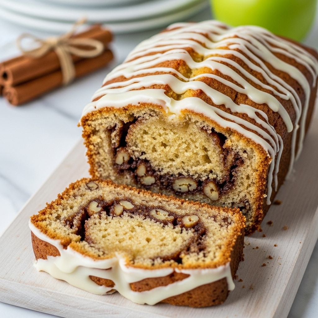 The image shows a close-up of a sliced loaf cake placed on a light wooden board over a white marbled surface. The cake has two visible layers; the bottom layer is a light golden brown with a moist, crumbly texture that contains small pieces of nuts and swirls of darker cinnamon filling. The top layer is a golden crust with a slightly rough texture, generously drizzled with thick, white icing that looks soft and smooth, running down the sides in irregular lines. The background includes blurred cinnamon sticks tied together and a green apple, adding warmth to the scene. Photo taken with an iphone --ar 4:5 --v 7