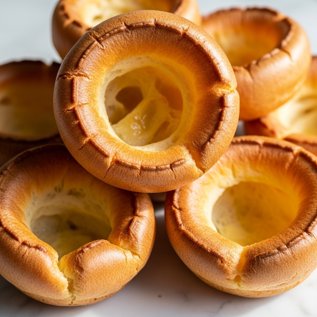 A close-up view of a stack of golden-brown Yorkshire puddings with a light, airy texture and hollow centers showing a slightly glossy inside. The puddings have uneven, puffed edges and appear soft with some crispiness on the outside. They are placed on a white marbled surface, with the warm light highlighting their fluffy and slightly cracked surfaces. photo taken with an iphone --ar 4:5 --v 7