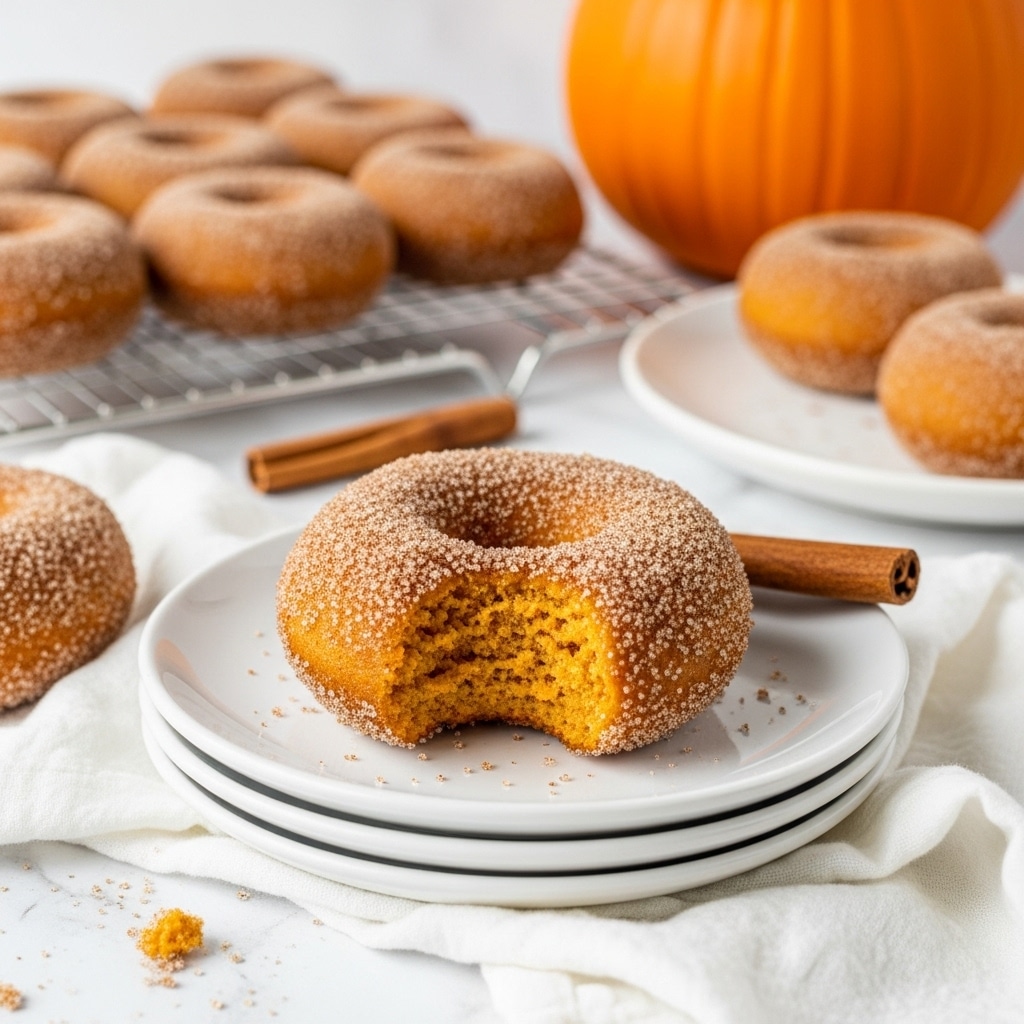 A close-up of a soft, orange-colored doughnut with a visible bite taken out, showing its moist, dense texture inside. The doughnut is coated generously with a light brown cinnamon sugar, giving a grainy texture on the outside. It sits on a clean white plate layered over a white cloth with some spilled crumbs nearby. In the background, more doughnuts with the same coating are arranged on a white wire rack and a white plate, all set on a white marbled surface. A cinnamon stick lies next to the plate, and a large orange pumpkin adds a warm, seasonal touch in the blurred background. photo taken with an iphone --ar 4:5 --v 7