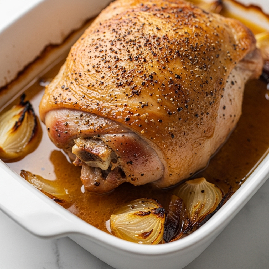 A close-up of a cooked roast in a white baking dish, showing a thick, golden-brown crispy skin sprinkled with black pepper. The roast is sitting in light brown juice with pieces of cooked onion around it. The texture of the meat underneath the skin looks tender and juicy, with some areas showing a slight pinkish-brown color. The white baking dish contrasts with the rich colors of the roast and juices, all placed on a white marbled surface. photo taken with an iphone --ar 4:5 --v 7