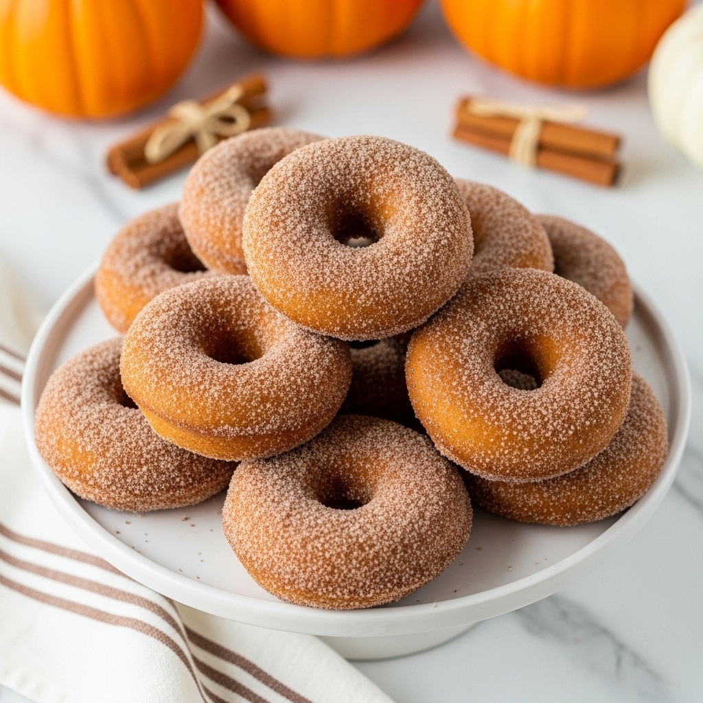 A white cake stand holds a pile of seven sugar-coated donuts, each donut showing a soft golden brown color with a slightly rough cinnamon sugar texture. The donuts are stacked mostly in a single layer except for three on top, placed to show their round shapes with holes in the center. The background shows orange pumpkins and cinnamon sticks, softly blurred on a white marbled surface. A white cloth with brown stripes lies on the bottom left near the stand. Photo taken with an iphone --ar 4:5 --v 7