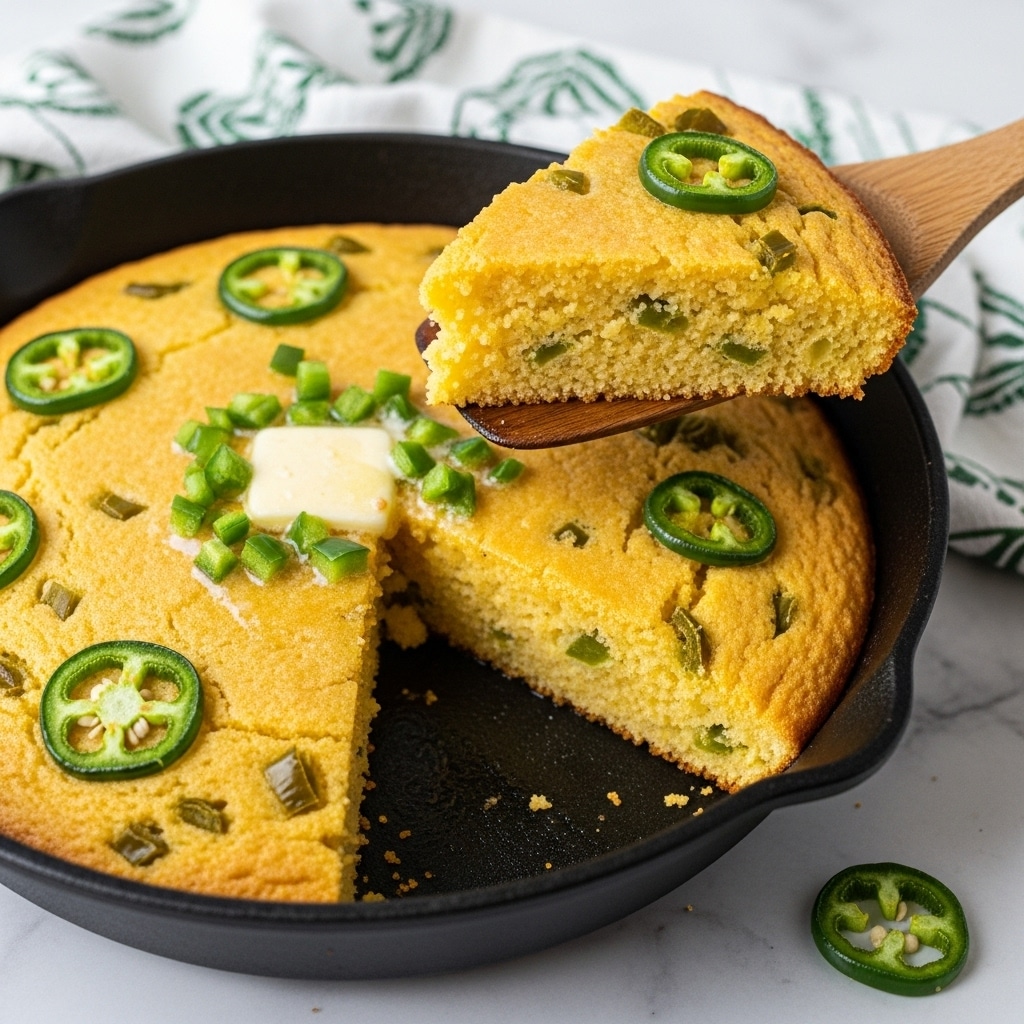 A golden-brown cornbread sits in a black cast iron skillet, with a smooth but slightly crumbly texture on top. One slice is cut and slightly pulled out, showing a dense and moist inside of light yellow color. A small dollop of melting butter rests on the cornbread near the cut, spreading slightly over the surface. Thin, bright green slices of jalapeño peppers and small chopped pieces scatter across the top for a fresh contrast. The skillet is placed on a white marbled surface partially covered by a white towel with a green geometric pattern. photo taken with an iphone --ar 4:5 --v 7