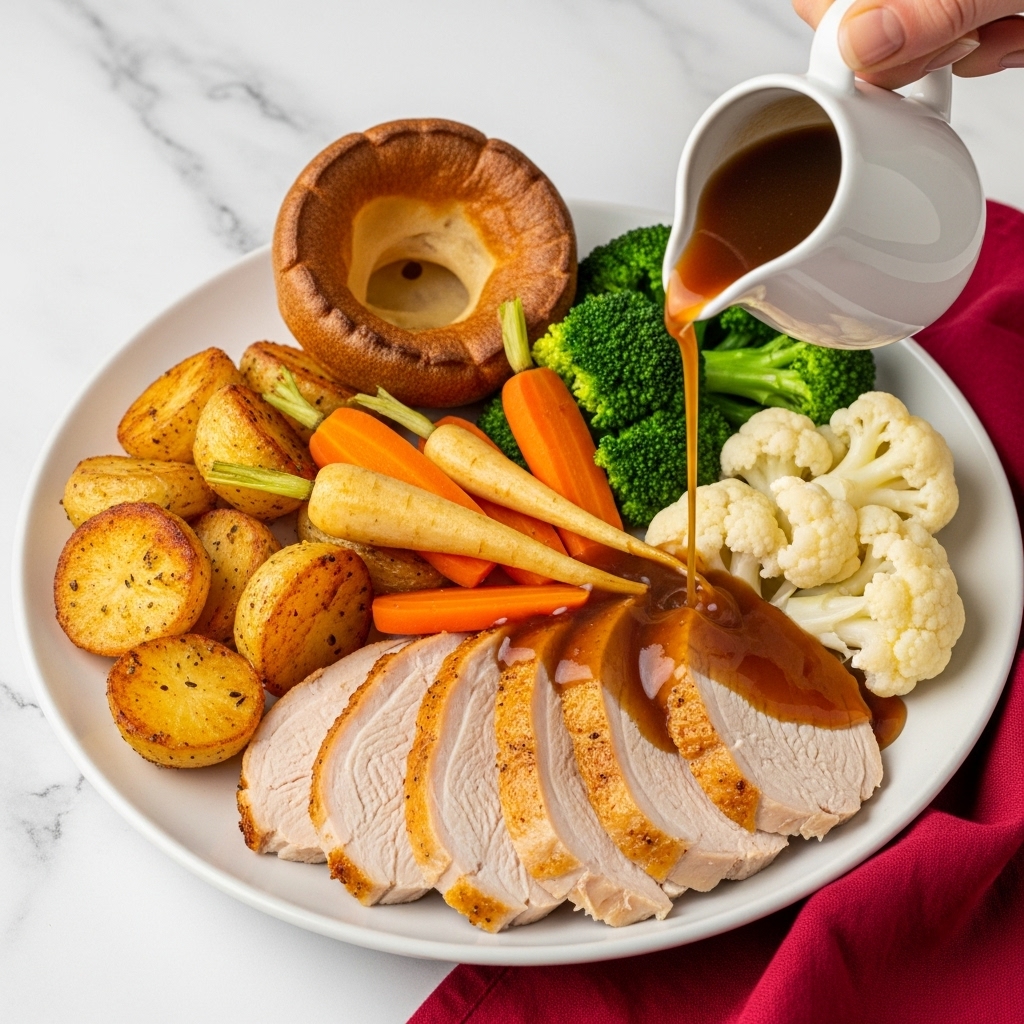A white plate filled with a classic roast dinner. The bottom layer has sliced, roasted turkey with a light brown, slightly crispy skin and visible juicy texture. On one side, there are golden roasted potatoes with a crispy exterior. Next to them, bright orange carrot slices and soft-looking light brown parsnips are placed. On the other side, vibrant green broccoli and pale white cauliflower florets are arranged neatly. Above the vegetables, there is a small brown Yorkshire pudding with a puffy, slightly crispy texture. A small white jug is pouring rich brown gravy over the turkey, captured in mid-pour. The plate is on a white marbled surface with a deep red cloth nearby. A woman's hand is holding the jug. photo taken with an iphone --ar 4:5 --v 7