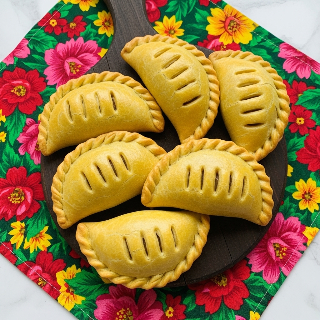 The image shows several golden-brown empanadas placed on a baking tray. Each empanada has a crispy, slightly shiny crust with a hand-crimped edge, giving a neat, folded look. The empanadas are arranged in a loose cluster, with one in the foreground clearly showing its texture and shape. The baking tray has a light dusting of flour, and the background features a white marbled surface. photo taken with an iphone --ar 4:5 --v 7