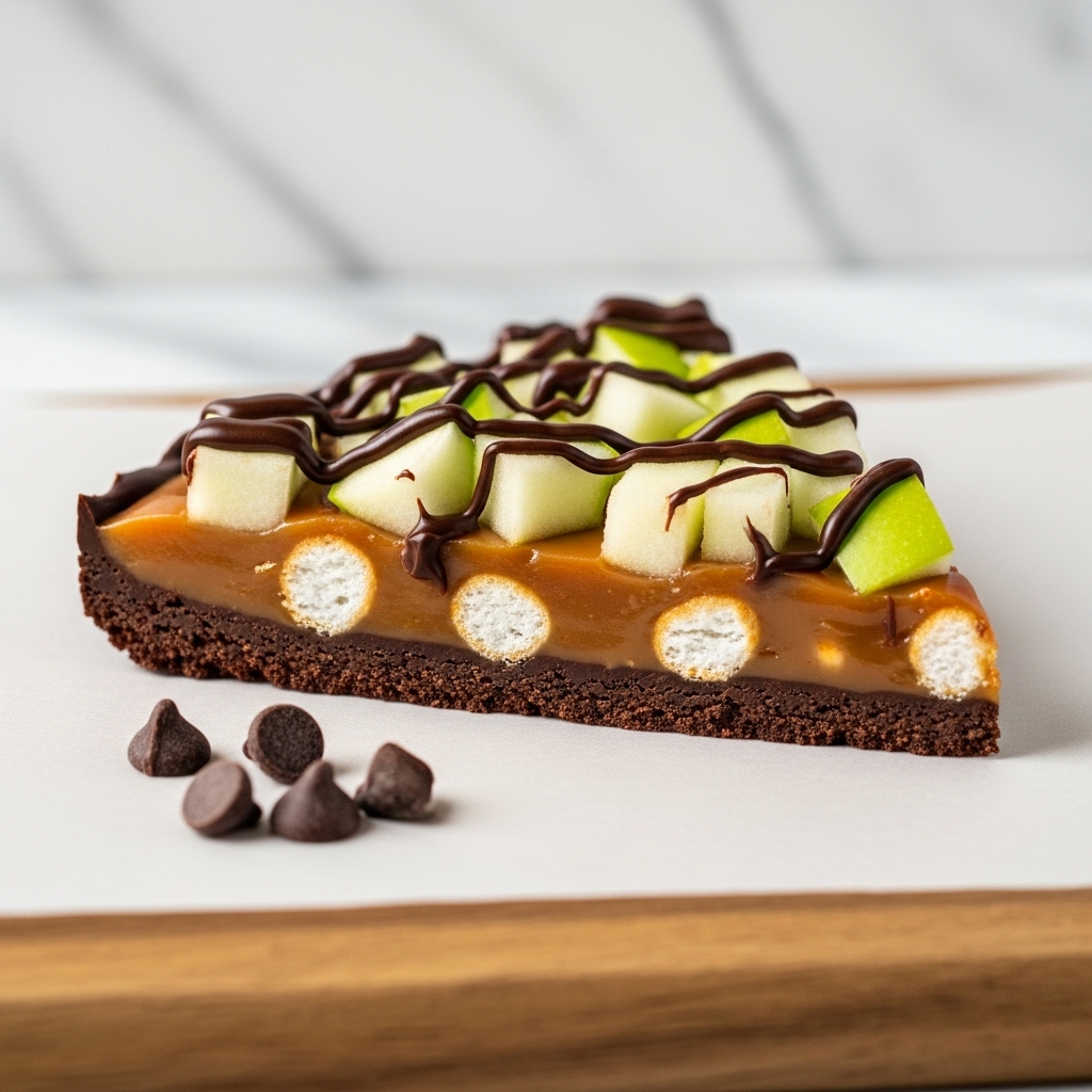 The image shows several pieces of a dessert bark on crinkled white parchment paper placed on a wooden board, set against a white marbled surface. The base layer is a thin, dark chocolate sheet with a smooth texture. On top, there are generous chunks of fresh green apple scattered unevenly, adding a light green color with a slightly shiny texture. A caramel drizzle covers parts of the apple, showing a glossy, soft golden brown layer that looks sticky and gooey. Over the caramel and apple, dark chocolate is drizzled thinly in irregular lines, creating a dark brown, glossy accent across the top. In the background, two dark chocolate chips rest on the white marbled surface, enhancing the chocolate theme. photo taken with an iphone --ar 4:5 --v 7