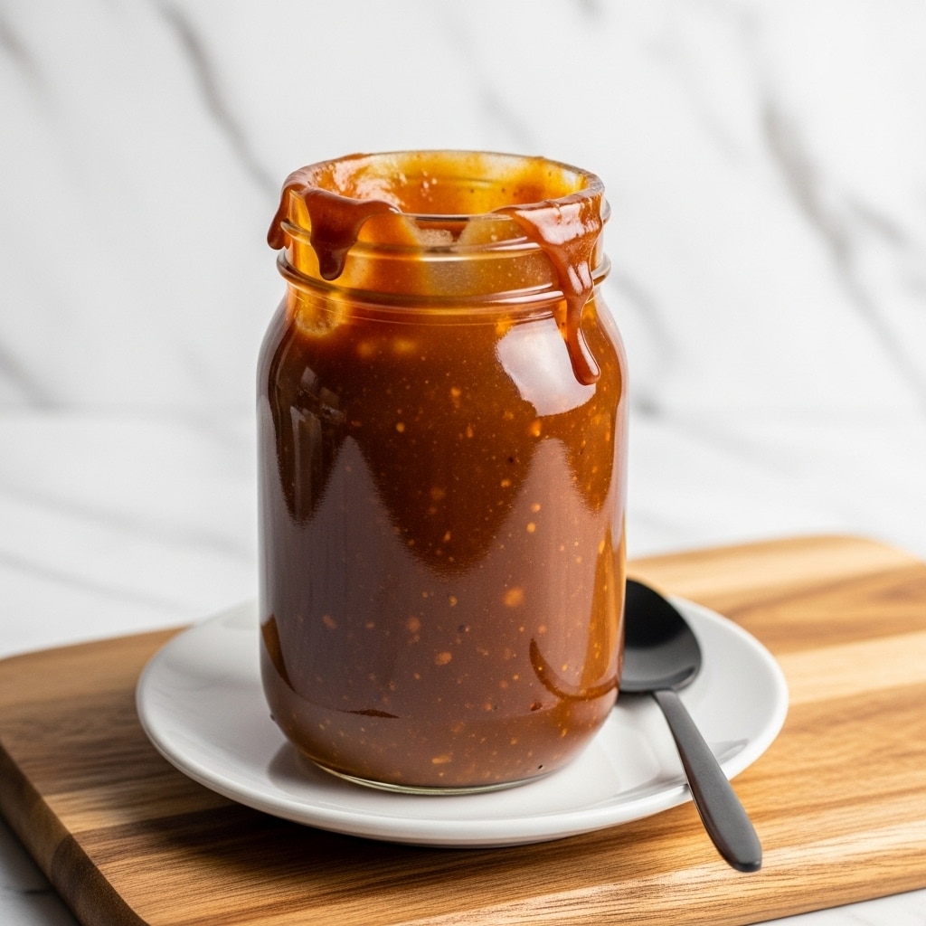 A tall glass jar filled with smooth, thick, dark brown sauce with tiny bits inside, some sauce dripping slightly over the rim. The jar sits on a small white plate on top of a wooden cutting board. A black spoon is placed on the right side of the jar on the cutting board. The background shows a white marbled texture surface with soft lighting. Photo taken with an iphone --ar 4:5 --v 7