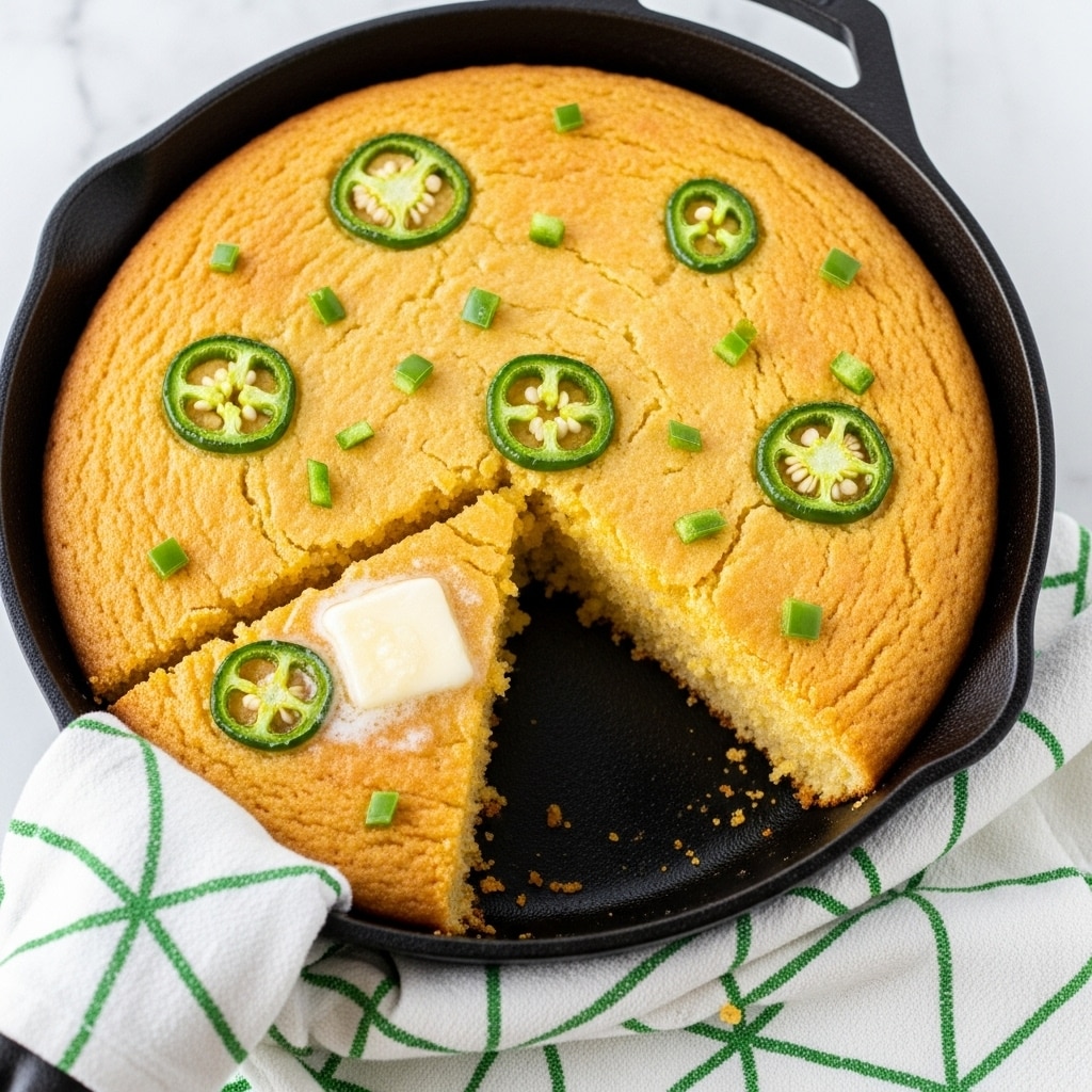 A golden-brown skillet cornbread is shown with a smooth, slightly cracked top, garnished with a few slices of green jalapeño and small bits of chopped green peppers. A wooden spatula lifts a thick, fluffy triangular slice from the skillet, revealing a soft, crumbly yellow interior with visible green pepper bits inside. On the surface of the cornbread in the skillet, a small dollop of melting butter sits surrounded by more chopped green peppers. In the background, a white and green patterned cloth lies on a white marbled surface. photo taken with an iphone --ar 4:5 --v 7