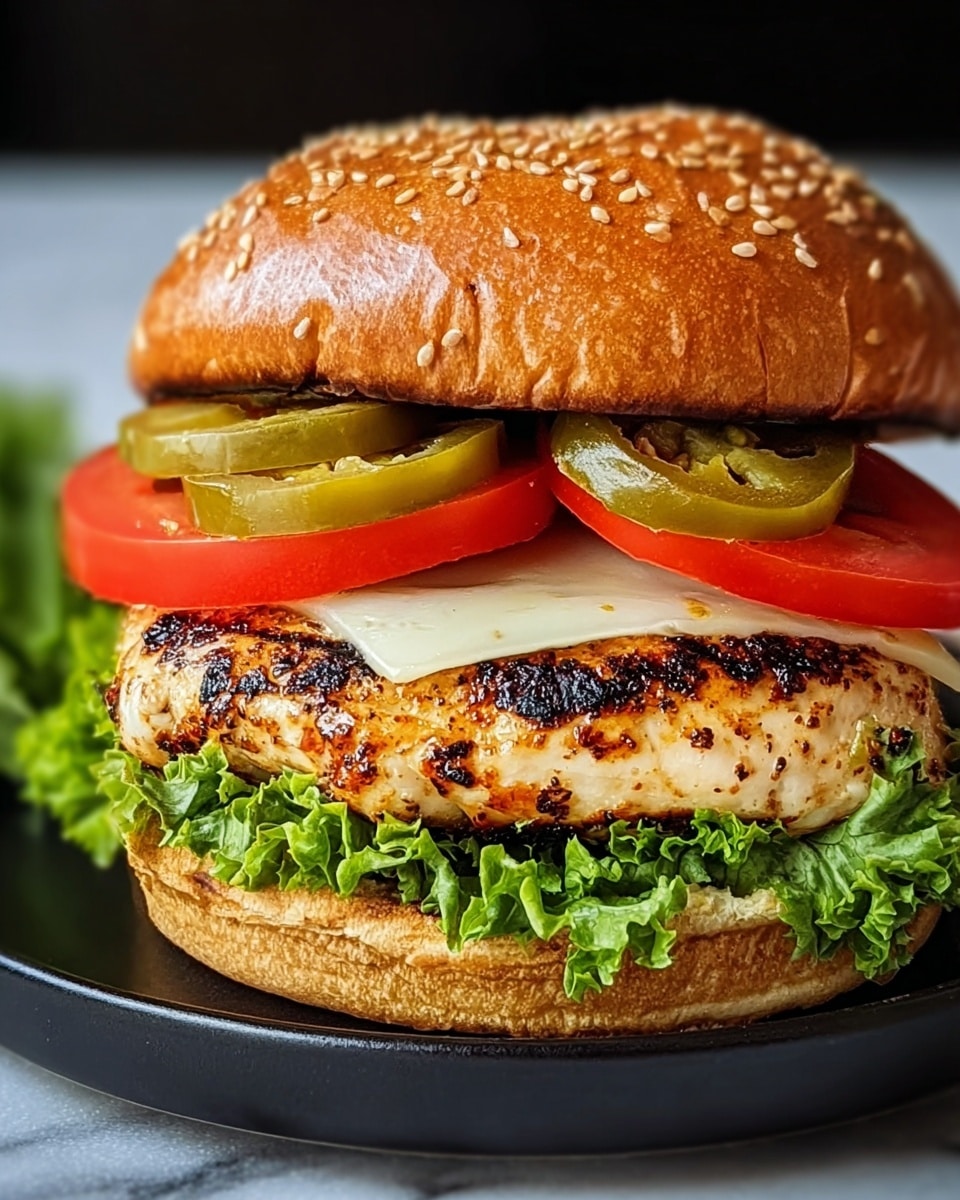 A close-up view of a grilled chicken burger placed on a black plate against a white marbled texture. The bottom layer is a soft bun with a light golden color showing slight toasting. On top of the bun is fresh, curly green lettuce with a crisp texture. Above the lettuce sits a thick, juicy grilled chicken patty, dark char marks visible on its surface. Resting on the patty is a slice of melted white cheese with a slightly gooey texture. Next, there are two green jalapeño slices with a shiny, wet look, followed by two bright red tomato slices positioned near the top. The burger is crowned by a shiny, golden brown sesame seed bun with a glossy surface. photo taken with an iphone --ar 4:5 --v 7