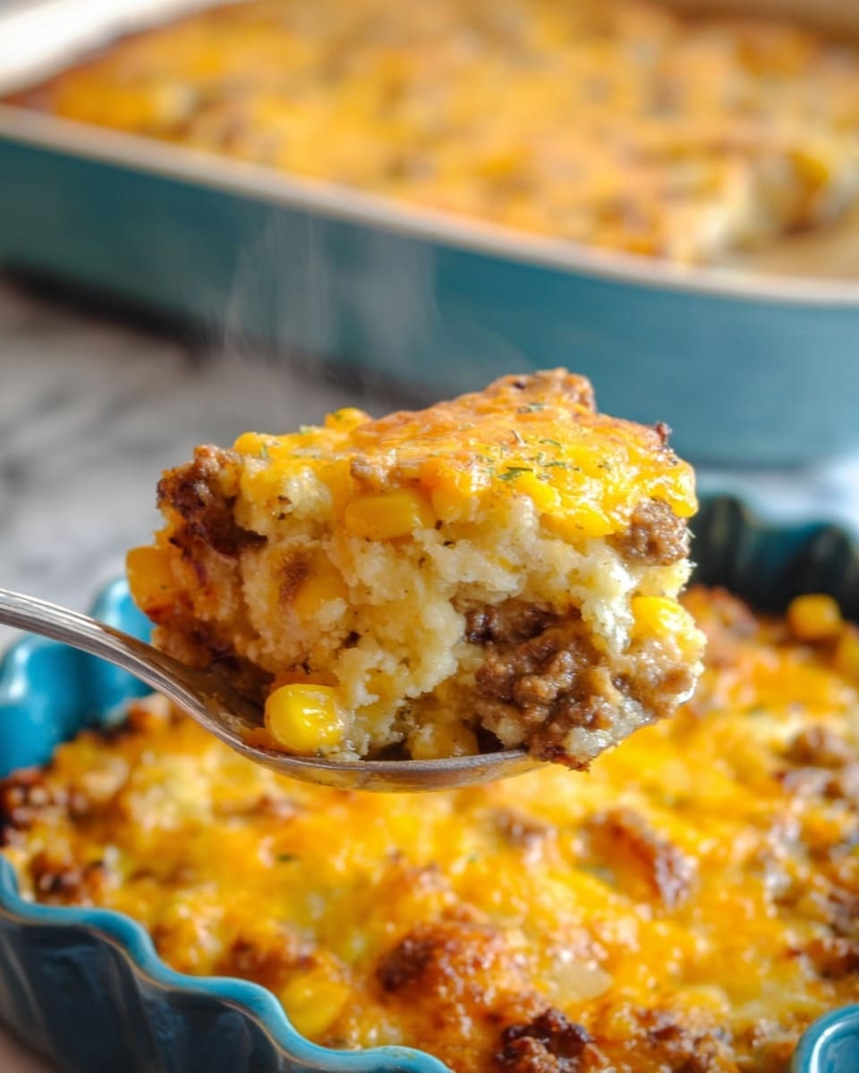 A rectangular baked casserole in a white dish with slightly curved handles, filled with a three-layer dish. The bottom layer is a mix of browned ground meat and small diced potatoes, followed by a layer of melted yellow and orange cheese with a bubbly texture on top, with some crispy browned spots around the edges. The surface shows small bits of red and green vegetables scattered throughout. The background shows a white marbled surface with part of a patterned cloth underneath. Photo taken with an iphone --ar 4:5 --v 7
