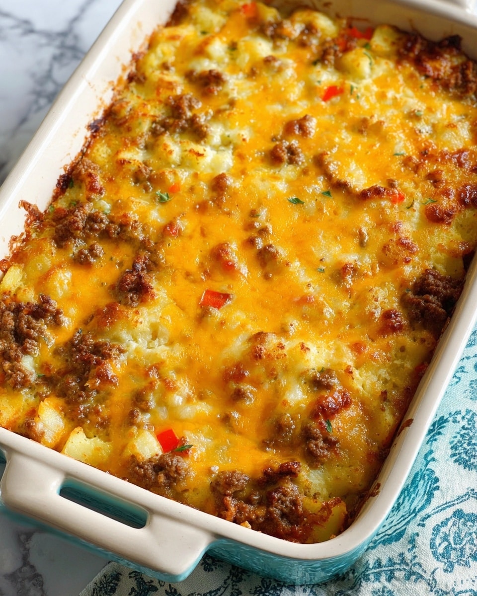 A close-up of a spoon holding a soft, chunky casserole piece with visible layers of melted yellow cheese, browned ground meat, and small bits of corn, all baked together in a light yellow, creamy base. The casserole is served in a blue ceramic dish with scalloped edges, with more casserole visible in the background, showing a slightly browned top. Steam rises gently from the food, suggesting it is hot and fresh. The background surface is a white marbled texture. photo taken with an iphone --ar 4:5 --v 7