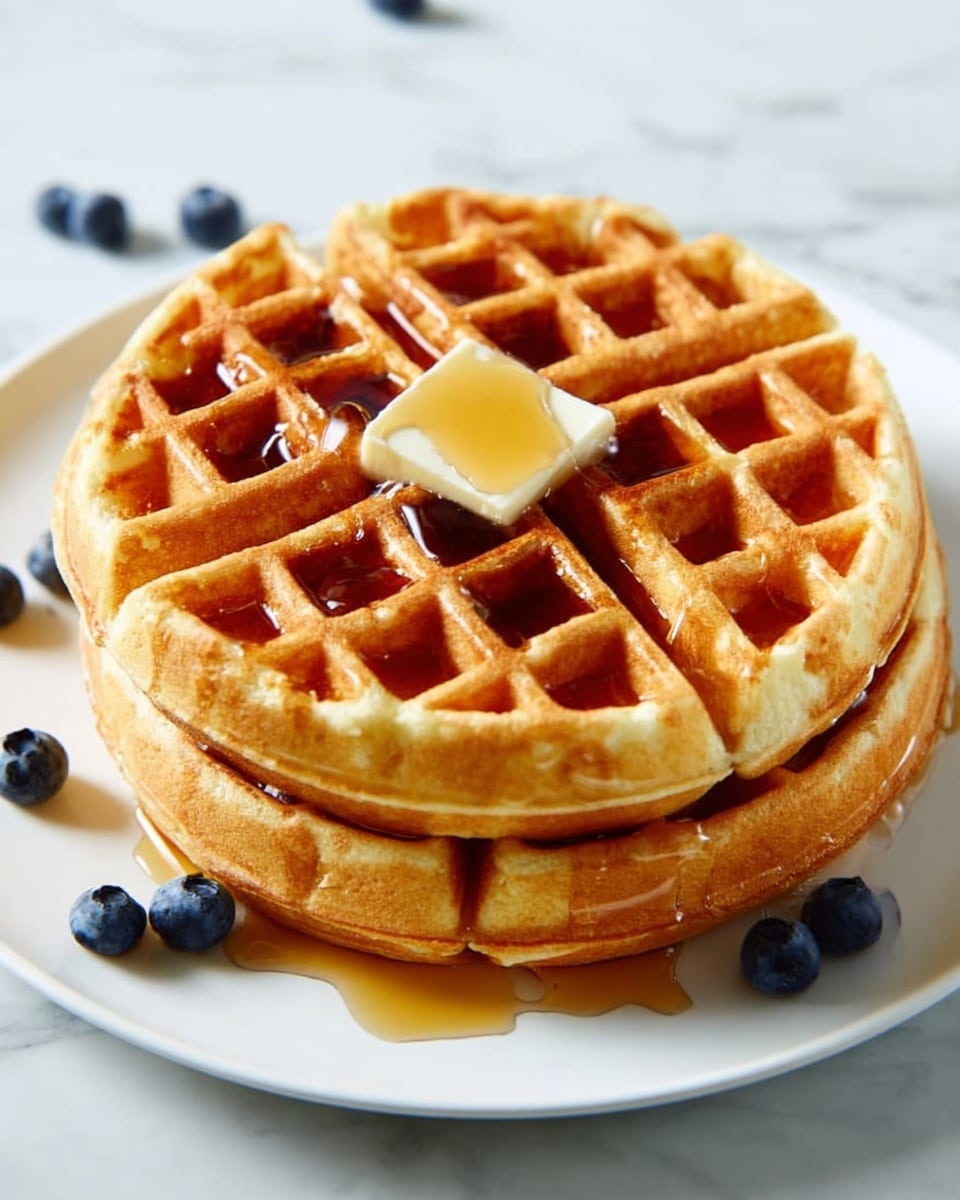 A stack of two thick golden-brown waffles sits centered on a white plate, each waffle showing a crisp grid pattern with deep wells. The top waffle is cut into four quarters and has a small square of melting butter in the middle, with syrup pooled in the waffle pockets and dripping slightly down the sides. Scattered blueberries surround the plate on a white marbled surface, adding a touch of color. Photo taken with an iphone --ar 4:5 --v 7
