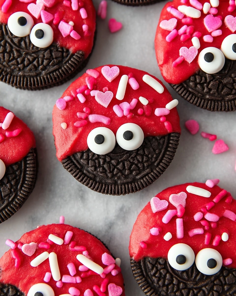 The image shows several Oreo cookies partially dipped in bright red frosting that covers about half of each cookie’s top surface. On the red frosting, there are pink and white sprinkles in the shape of sticks and hearts, scattered unevenly. The bottom half of the Oreo remains uncovered, showing the dark chocolate cookie texture with detailed patterns. Each cookie has two round white candy eyes with black centers placed side by side near the bottom edge of the frosting, giving a playful, face-like appearance. The cookies are laid out on a white marbled texture. photo taken with an iphone --ar 4:5 --v 7