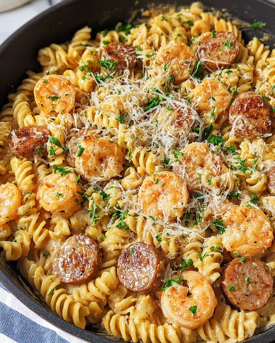 A close-up of a black skillet filled with creamy pasta spirals coated in a light tan sauce, mixed with browned sausage slices and pinkish-orange shrimp scattered evenly on top, all sprinkled with white grated cheese and bright green chopped parsley. The skillet sits on a white marbled surface with a blue and white striped cloth at the bottom left corner. Photo taken with an iphone --ar 4:5 --v 7