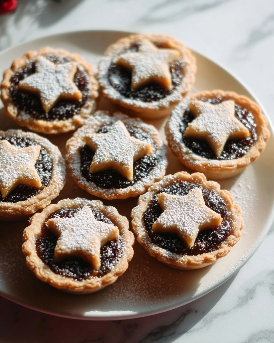 Seven small tarts are arranged closely on a white plate, each with a golden-brown crust forming the base and sides. Inside each tart is a dark, rich filling with a slightly glossy texture. On top of the filling in each tart sits a light golden, star-shaped piece of pastry, dusted generously with fine white powdered sugar that adds a soft contrast to the darker filling. The plate rests on a surface with a white marbled texture, and the lighting gives the tarts a warm, inviting glow. Photo taken with an iphone --ar 4:5 --v 7