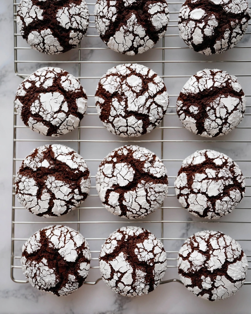 The image shows nine round chocolate crinkle cookies placed on a silver cooling rack over a white marbled surface. Each cookie has a cracked top layer with dark brown chocolate dough visible through the wide cracks and irregular patches of white powdered sugar on the surface, creating a textured look. The cookies are evenly spaced, showing a contrast between the rich dark brown and stark white on the cookies, arranged in a grid pattern. Photo taken with an iphone --ar 4:5 --v 7