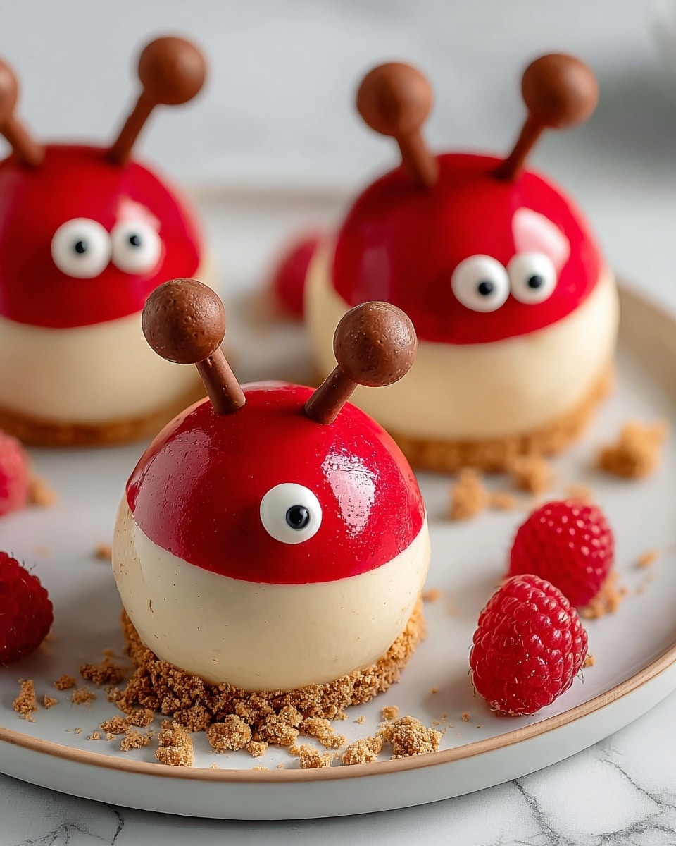 Three small round cakes are placed on a white plate with a light brown edge, set on a white marbled surface. Each cake has two main layers: the bottom layer is a smooth, creamy white dome shape with a soft texture, while the top layer is a bright red, shiny, rounded cap covering part of the dome. On top of the red layer, there are two white circular eyes with small black dots in the center, resembling cartoon eyes. Protruding from the red layer are two brown, stick-like antennae with rounded tips, dusted with cocoa powder. Around the cakes, there are scattered pieces of crunchy light brown crumbs and fresh red raspberries adding color contrast. photo taken with an iphone --ar 4:5 --v 7