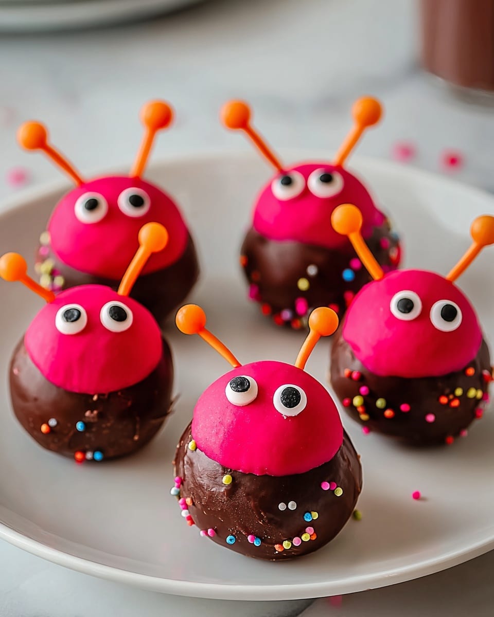 Five round chocolate balls make the base layer, each covered smoothly in dark brown chocolate with small colorful round sprinkles pressed into the surface. On top of each ball sits a smaller, smooth, bright pink round candy forming the head. Each pink candy has two big white eyes with black dots in the center, placed near the top. Two orange antennae shaped like sticks with rounded ends stick up from the top of each pink candy head, giving a fun bug look. They are all placed closely together on a white plate with a shiny finish, and the scene is set on a white marbled surface, with some extra small sprinkles scattered around. photo taken with an iphone --ar 4:5 --v 7