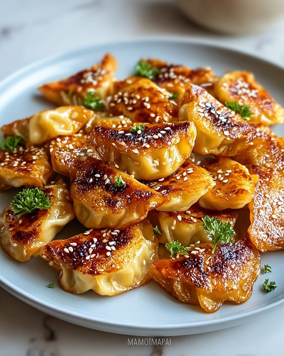A plate filled with a pile of golden brown dumplings that are crispy and shiny on the outside, each dumpling having a slightly charred, caramelized surface. The dumplings are sprinkled with white sesame seeds and small green parsley leaves, adding contrast to the warm tones. They sit on a simple white plate with a smooth finish. The background shows a soft, blurry white marbled texture, creating a clean and bright setting. photo taken with an iphone --ar 4:5 --v 7