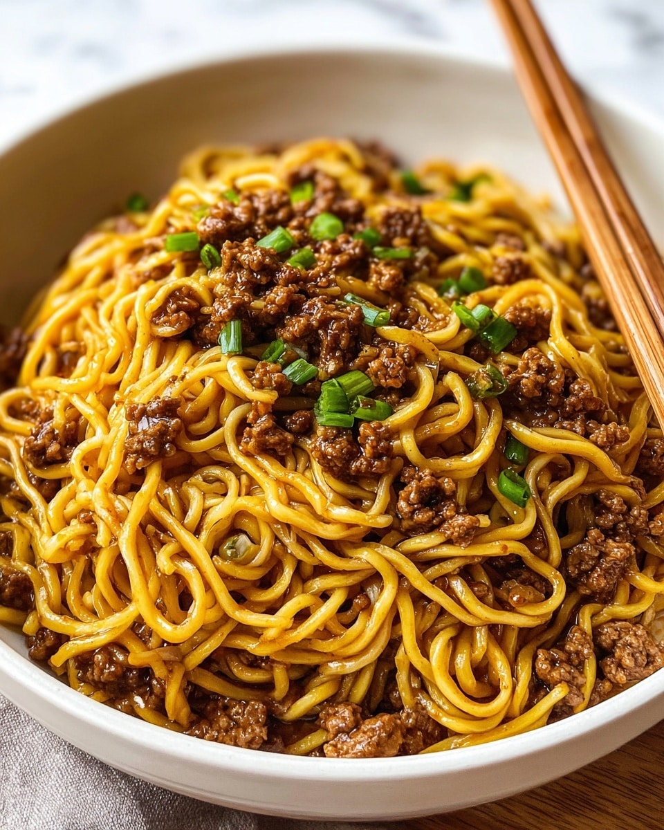 A close-up view of a white bowl filled with a single layer of golden-yellow noodles coated in a glossy brown sauce. On top of the noodles, there is a layer of finely chopped cooked ground beef scattered evenly, with a few pieces more prominent and shiny. Small bits of bright green chopped scallions are sprinkled over the middle layer, adding some fresh color contrast. Two wooden chopsticks rest on the right side of the bowl, partly submerged in the noodles. The bowl sits on a white marbled surface with a blurred light background. Photo taken with an iphone --ar 4:5 --v 7