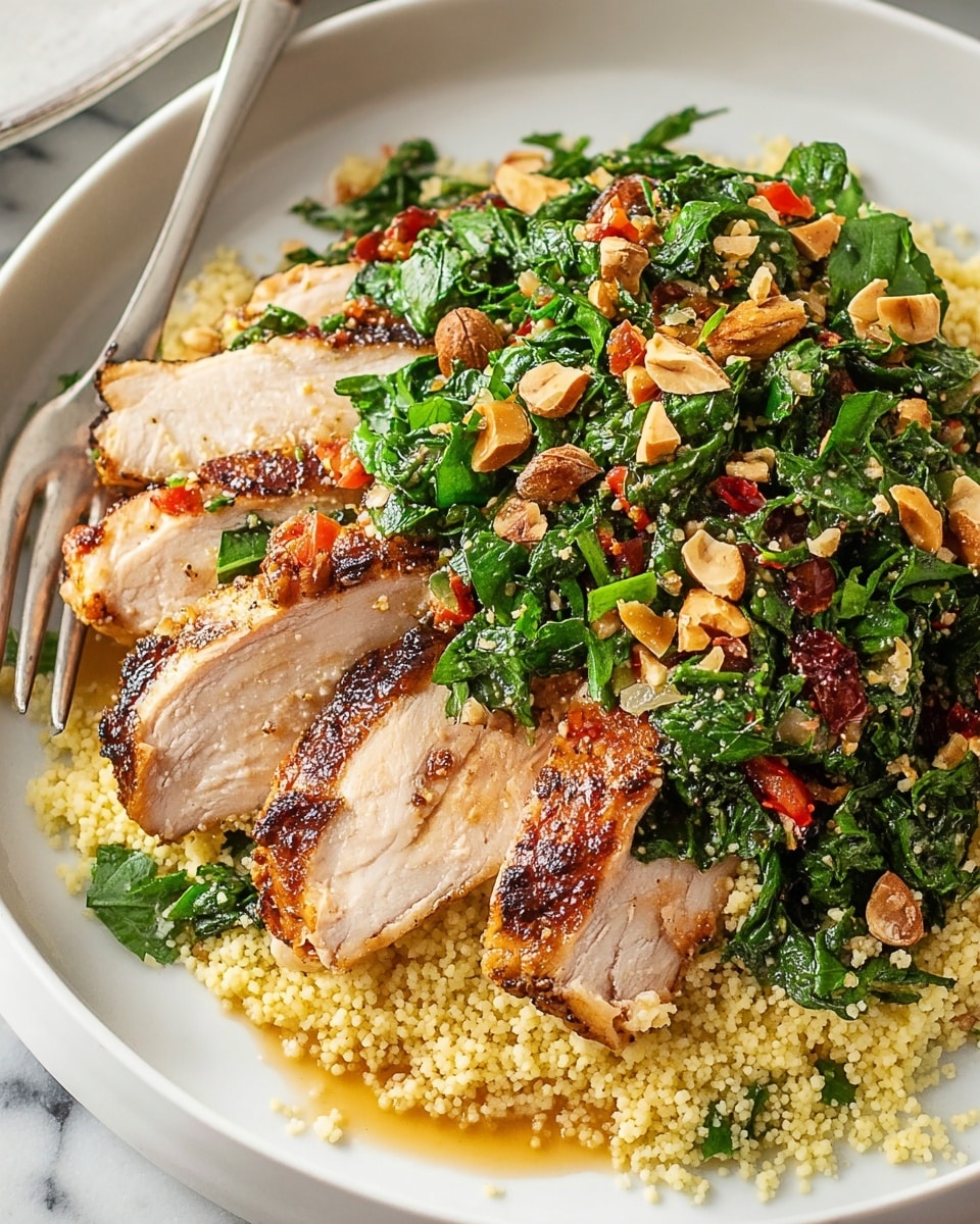 A white plate holds a dish with three visible layers, starting with a base of yellowish, small-grain couscous spreading across the plate and looking soft and fluffy. On top of this, there are several thick slices of cooked chicken breast with a browned, slightly crispy skin on the edges and tender, white inside. The final layer is a generous heap of bright green chopped spinach mixed with small bits of red and orange vegetables, topped with a scattering of toasted, light brown chopped nuts for texture. There is a bit of light sauce soaking slightly into the couscous around the chicken. A silver fork rests on the upper edge of the plate, and the background shows a white marbled surface. photo taken with an iphone --ar 4:5 --v 7