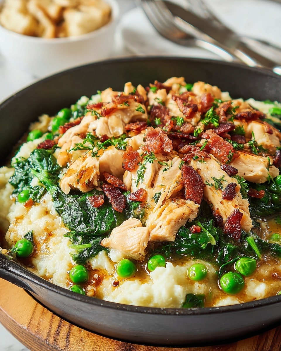 A close-up image shows a black pan filled with a layered dish starting with a creamy, soft-textured base of mashed potatoes at the bottom, topped with bright green peas mixed with dark green cooked spinach leaves in the middle layer, and finished with a generous portion of light brown grilled chicken pieces and small crispy reddish-brown bacon bits scattered on top. The background is a white marbled texture with a white bowl of snacks slightly blurred in the back and cutlery resting beside the pan. The overall colors are warm with a mix of creamy white, vibrant greens, and browned meats, giving a fresh and hearty look to the dish. photo taken with an iphone --ar 4:5 --v 7