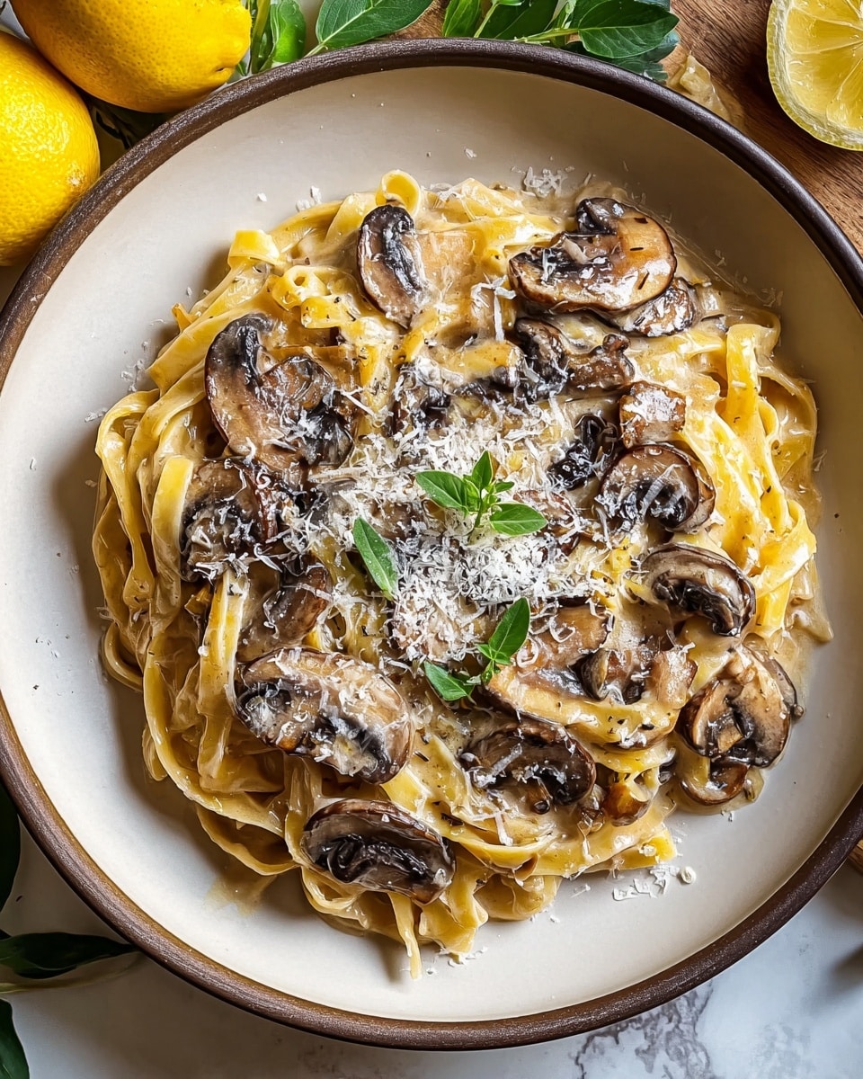 A close-up top view of a round white plate filled with creamy mushroom pasta. The dish has two main layers: a base of light golden, smooth fettuccine noodles tangled together, topped with a thick cream sauce mixed with dark brown, sliced sautéed mushrooms scattered evenly. On the top, there is a sprinkling of finely grated white Parmesan cheese and two small green sprigs of fresh herbs placed towards the edges. The plate sits on a white marbled surface with a yellow lemon and some green leaves near the top left corner. Photo taken with an iphone --ar 4:5 --v 7