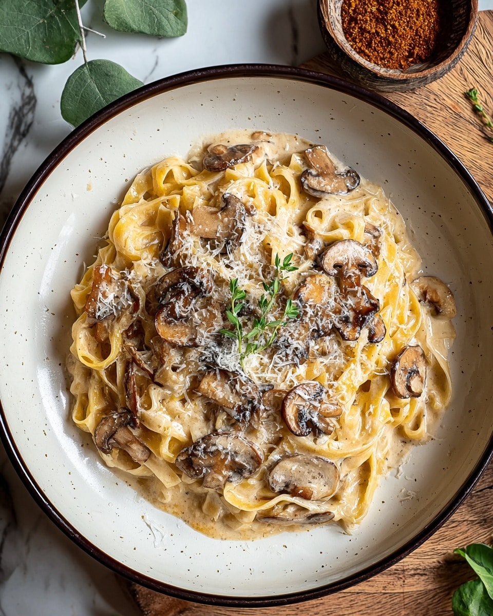 A white plate with a thin dark rim holds a creamy pasta dish with three main layers: at the bottom, smooth fettuccine noodles in a rich light beige sauce; in the middle, browned slices of mushrooms scattered throughout; on top, grated cheese lightly covering the pasta and mushrooms, with a small sprig of green herb as garnish. The plate sits on a white marbled surface with a small round dish holding brown spice to the right and some green leaves visible on the left side. Photo taken with an iphone --ar 4:5 --v 7