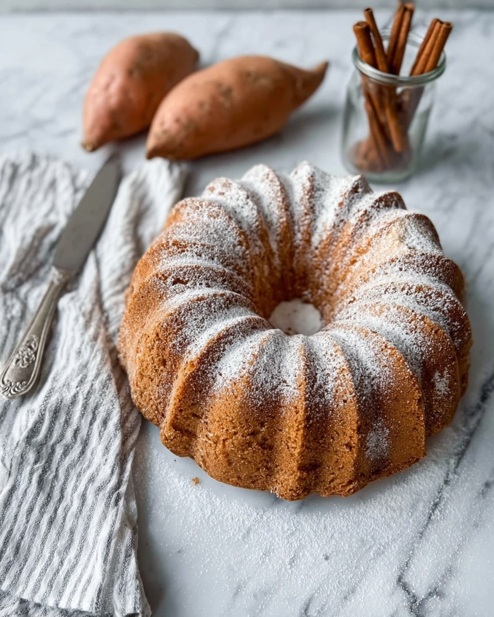 A round bundt cake with a light brown color and soft texture sits on a white marbled surface. The cake has a fluted, wavy pattern and is lightly dusted with powdered sugar on top. To the left of the cake, there are two sweet potatoes and a glass jar holding cinnamon sticks. A silver knife and a white and gray striped cloth are also placed near the cake. The photo is bright with soft natural light. Photo taken with an iphone --ar 4:5 --v 7
