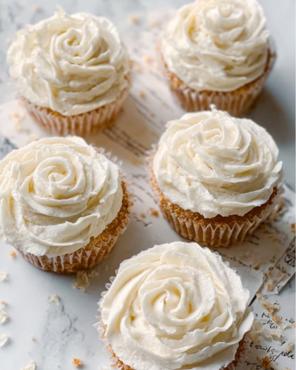 The image shows five small cupcakes on a white marbled surface, each topped with a thick swirl of creamy white frosting that looks soft and smooth. The cupcakes have a golden brown base that is slightly crumbled at the edges, contrasting gently with the pure white frosting on top. The frosting is shaped like delicate roses, with tight, round layers curling outward from the center to the edge. The cupcakes are arranged casually, with some overlapping slightly, showing the texture of the frosting and the crumbly base from different angles. Photo taken with an iphone --ar 4:5 --v 7