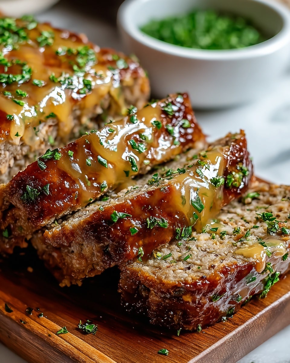 The image shows several thick slices of a meatloaf covered in a shiny, glossy brown gravy and sprinkled with small green herb bits. The meatloaf has a light brown, slightly crumbly texture with visible pieces of herbs inside. The gravy coats the top and sides of each slice, pooling slightly at the base. In the background, a white bowl filled with chopped green herbs sits blurred on a white marbled surface. The dish looks rich and moist, with a contrast between the warm browns of the meat and sauce and the fresh green garnish. Photo taken with an iphone --ar 4:5 --v 7