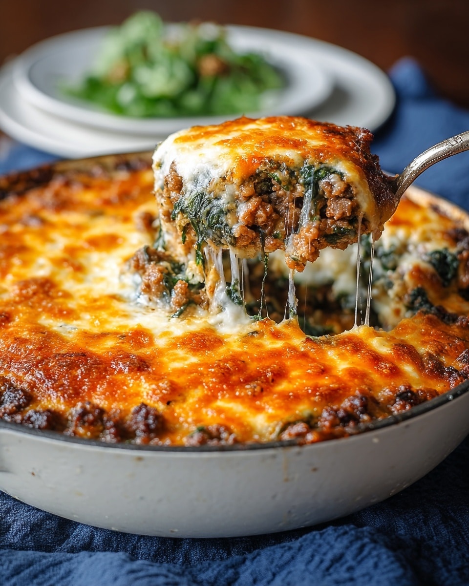 The image shows a white deep pan filled with a baked casserole dish with three main layers. The bottom layer is ground meat mixed with green spinach, visible through the scoop. The middle layer is melted white cheese, gooey and stretchy as a spoon lifts it out. The top layer is golden brown melted cheese with crispy edges, slightly browned with patches of orange and white. The pan sits on a dark blue cloth, and in the blurred background, there is a white plate with green leafy garnish. The edges of the pan show some browned and crispy baked cheese. photo taken with an iphone --ar 4:5 --v 7