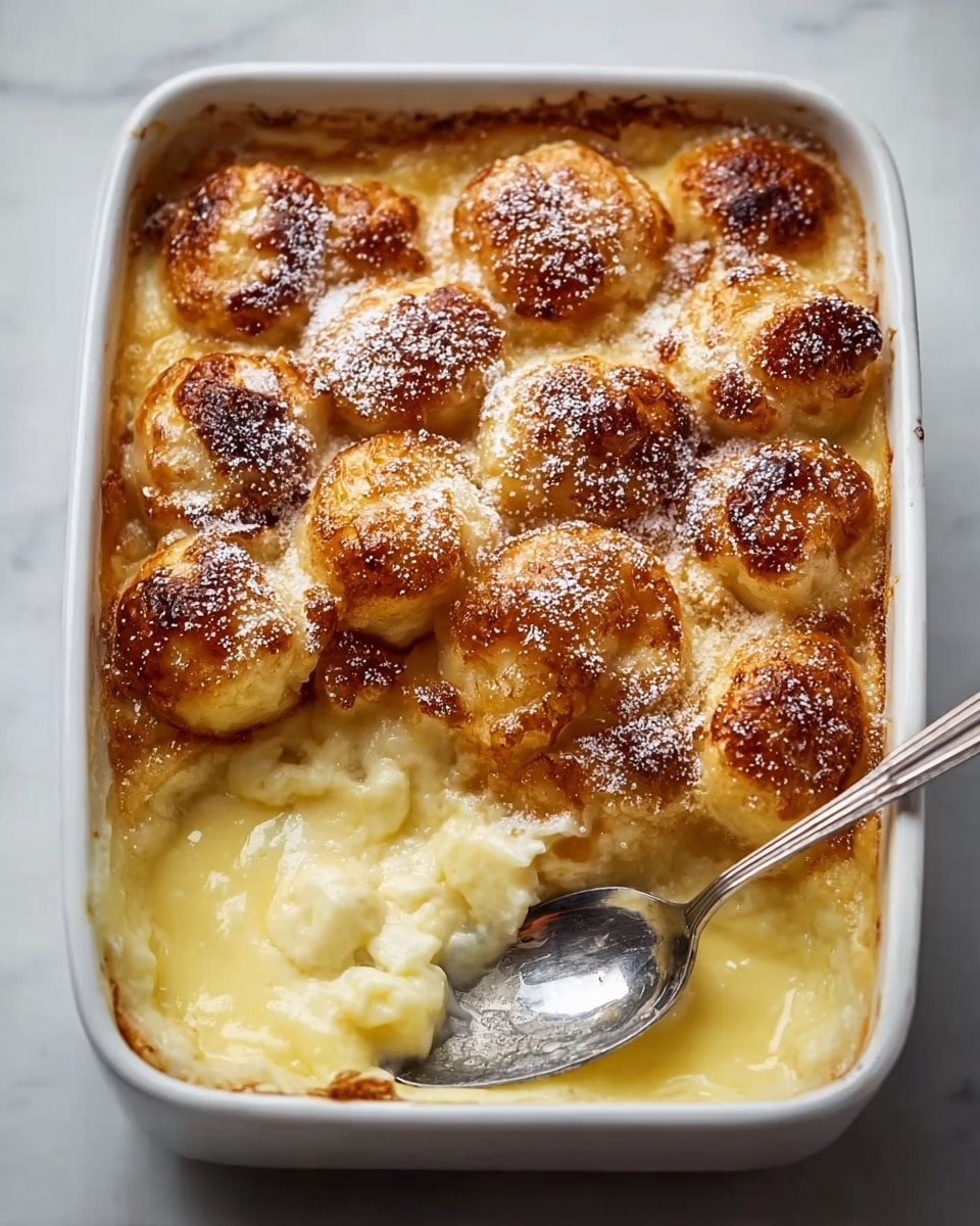 A white rectangular baking dish filled with golden-brown baked dumplings arranged closely on top, each with a crispy, slightly charred texture and sprinkled lightly with powdered sugar. Below the dumplings is a smooth, creamy, light yellow custard layer that looks soft and fluffy, visible where a spoon has scooped out a portion. The spoon rests inside the dish, partially submerged in the custard, with a shiny surface reflecting light. The dish sits on a white marbled surface, giving a clean and bright background. Photo taken with an iphone --ar 4:5 --v 7
