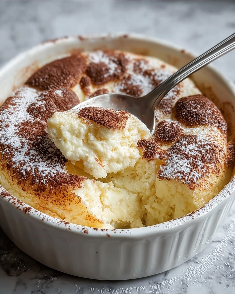 The image shows a round white ceramic dish filled with a soft, fluffy baked dessert that has a light golden top layer, dusted unevenly with a dark brown powder and some white powdered sugar. The dessert looks airy and moist inside, with a spoon scooping out a portion from the edge, revealing a creamy, pale yellow interior with a smooth, slightly textured surface. The top has a bumpy texture where the brown powder is concentrated, creating contrast in color and texture. The dish is placed on a white marbled surface. Photo taken with an iphone --ar 4:5 --v 7