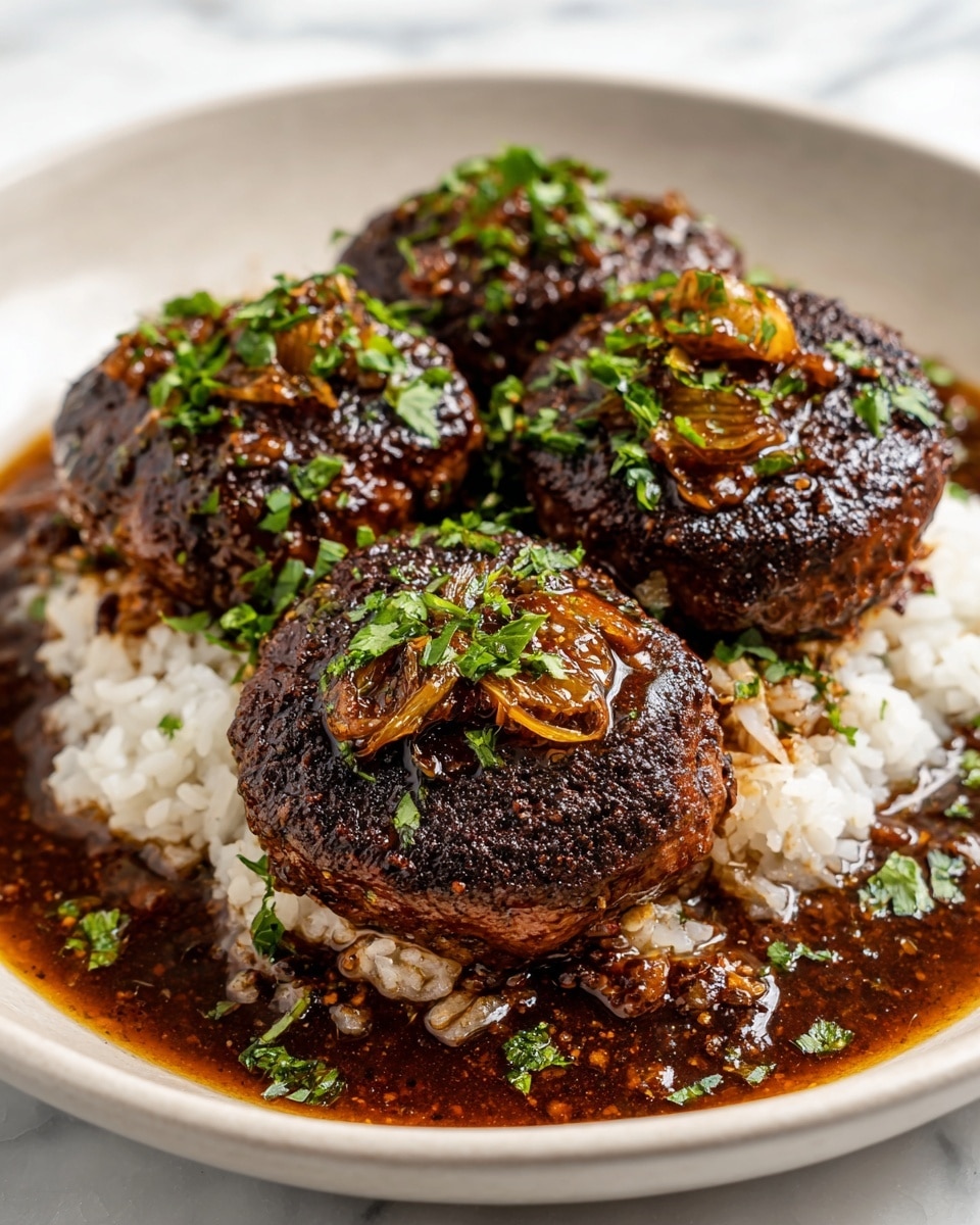 A white shallow bowl holds three thick, round meat patties with a browned, slightly crispy outer layer. Each patty is topped with a glossy brown sauce that has small, cooked, golden-brown garlic slices and sprinkled with fresh green chopped herbs. The patties rest on a base of plain white rice, partially visible around the edges. Additional garlic slices and sauce pool gently around the patties on the bowl's bottom, all placed on a white marbled surface. photo taken with an iphone --ar 4:5 --v 7