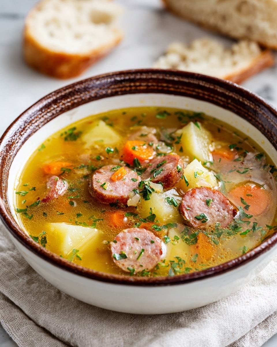A bowl filled with a thick soup featuring several layers of ingredients, starting with a clear golden broth that has a slightly oily surface. Floating in the broth are chunks of light yellow potatoes, pieces of orange carrots, and slices of browned sausage with a reddish tone, scattered evenly throughout. Small green herb sprigs and finely chopped herbs are sprinkled across the soup, adding contrast to the warm colors. The bowl is white with a dark brown textured rim, sitting on a light-colored cloth on a white marbled surface, and blurred slices of bread are visible in the background. Photo taken with an iphone --ar 4:5 --v 7