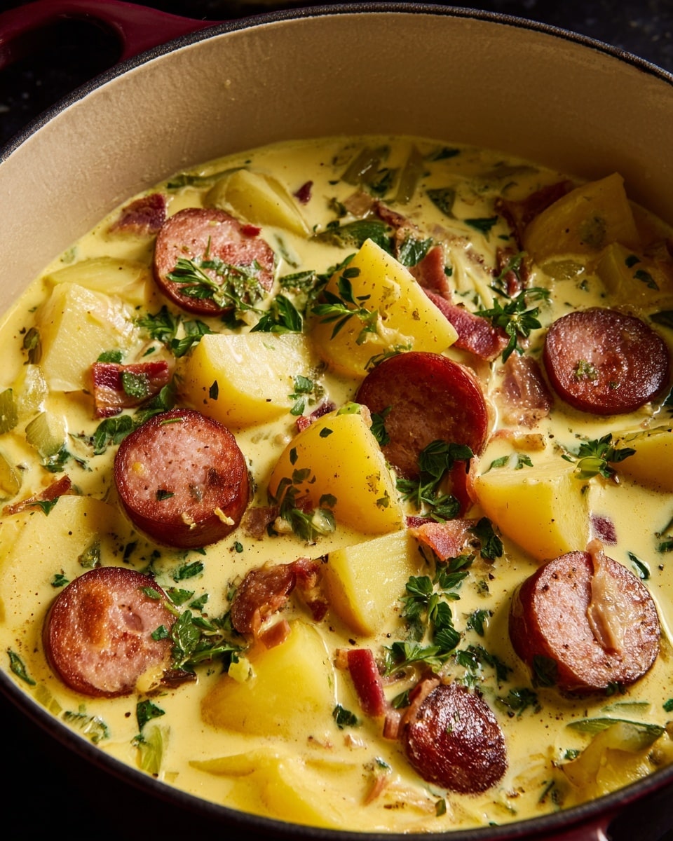 The image shows a pot filled with a creamy yellow soup or stew that has a smooth texture. Inside the creamy base, there are large yellow potato chunks scattered throughout, along with thick round slices of reddish-brown sausage. Small pieces of reddish bacon or ham and fresh green herbs sprinkled on top add color contrast. The ingredients are evenly spread in the pot, creating a rich and hearty look. photo taken with an iphone --ar 4:5 --v 7