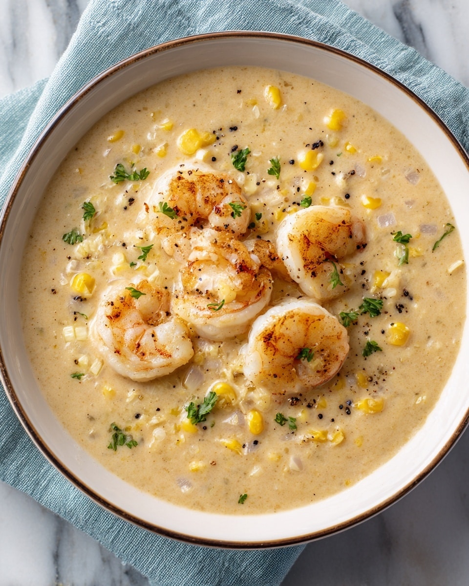 A bowl filled with creamy shrimp and corn chowder, showing a thick beige soup base mixed with yellow corn kernels and small bits of onion. Five cooked shrimp with light pink and white colors rest on top, slightly curled with grill marks visible. The soup is garnished with small green parsley leaves and tiny black pepper specks scattered over the surface. The bowl is white with a thin darker rim and sits on a light blue cloth, all placed on a white marbled textured surface. photo taken with an iphone --ar 4:5 --v 7