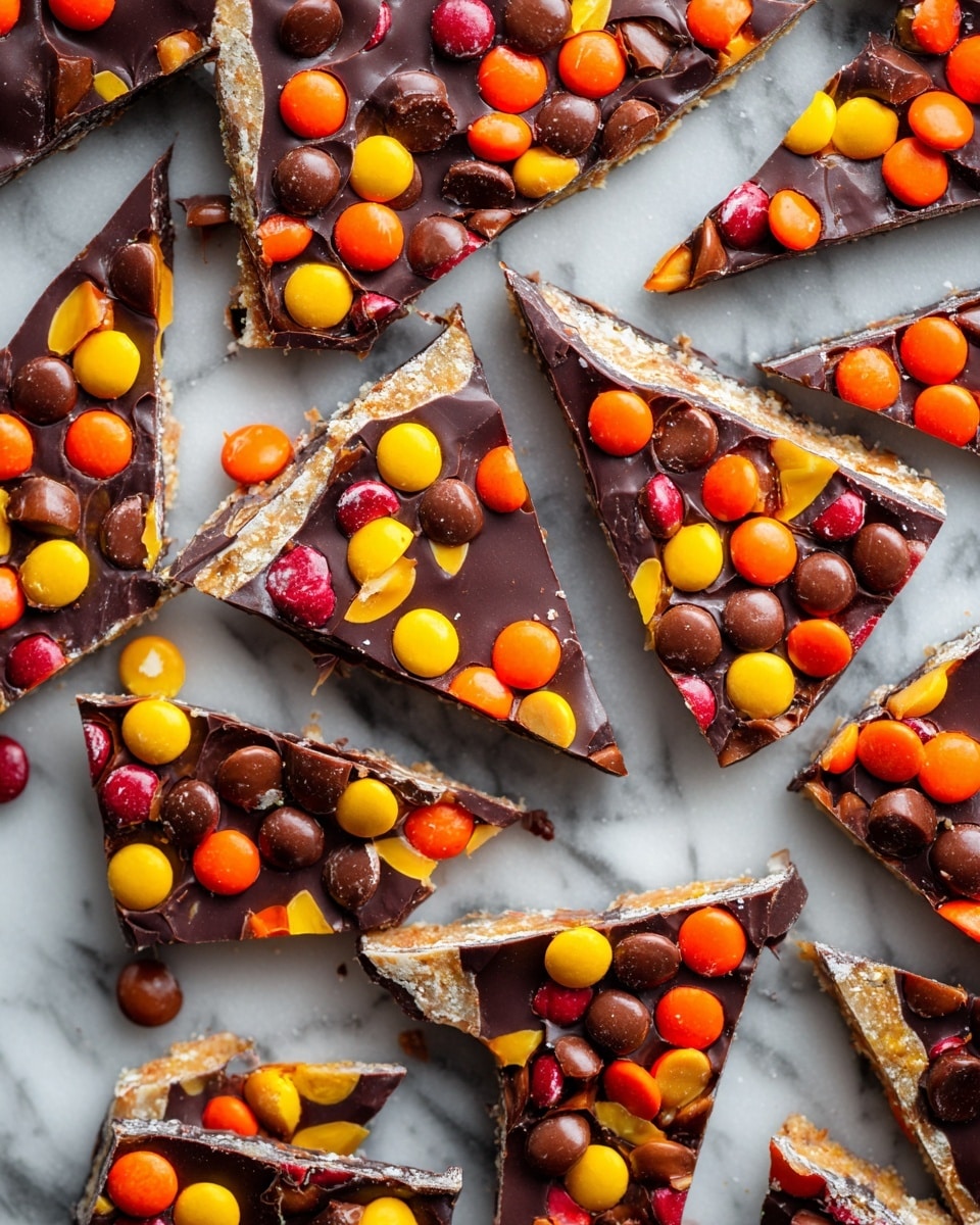 The image shows a dark chocolate bark broken into many uneven pieces spread on a white marbled surface. Each piece has three layers: a thin light brown base layer that looks crunchy, a middle layer of smooth dark chocolate, and the top layer covered with many small round candy pieces in bright orange, yellow, and brown colors scattered evenly all over. The overall look is colorful and textured, with the candies standing out sharply against the dark chocolate background. photo taken with an iphone --ar 4:5 --v 7