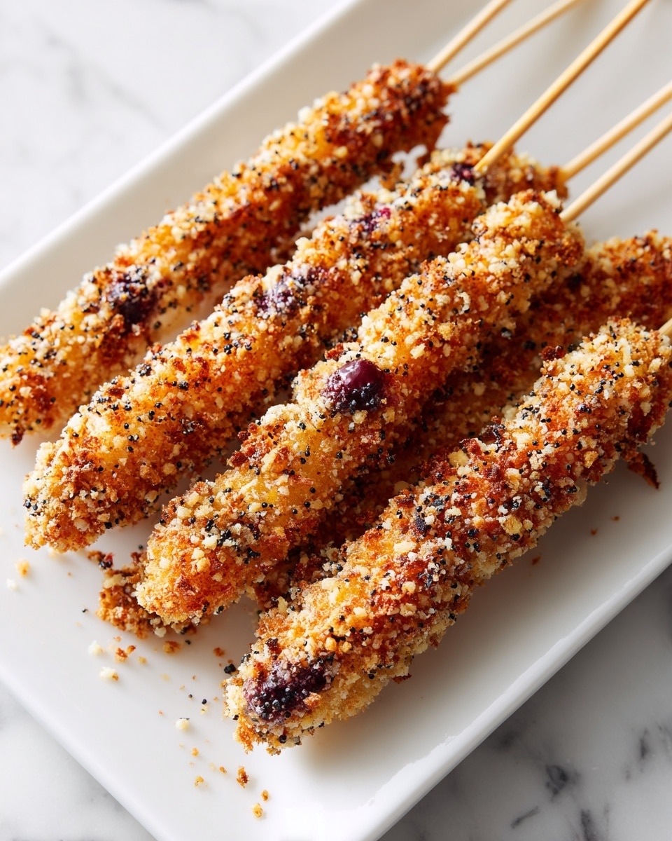 The image shows a white plate full of long, thin sticks covered in a brown, crunchy coating with small dark purple spots scattered throughout. Each stick is skewered by a light wooden stick that sticks out from one end. The coating looks grainy and textured, with some shiny parts showing a bit of glossiness, suggesting a crispy outer layer. The sticks are stacked unevenly, some overlapping each other on a white marbled surface. The background is dark, making the sticks stand out clearly in the image. Photo taken with an iphone --ar 4:5 --v 7