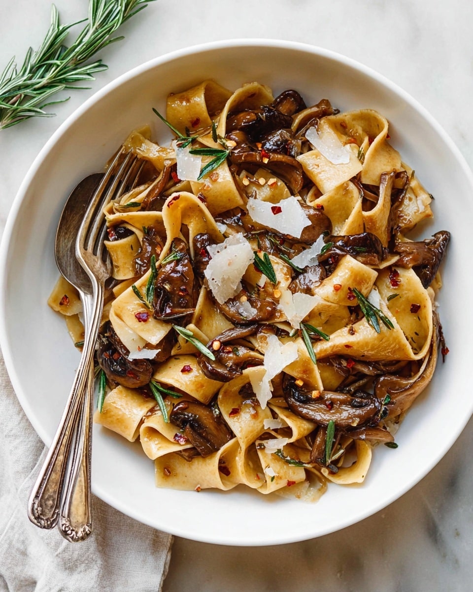 The image shows a white bowl filled with wide, flat pasta noodles that are light golden in color, slightly curled and folded. Among the pasta are dark brown, sautéed mushroom pieces that look tender and juicy. Scattered thin green rosemary sprigs add a fresh and natural touch. Thin shavings of white cheese and flecks of red chili flakes are sprinkled over the pasta, enhancing the texture and color contrast. The dish looks glossy, coated in a rich, dark brown sauce with visible small onion pieces. To the left inside the bowl, there is a silver vintage spoon and a silver fork resting side by side. The bowl sits on a soft white marbled background with a hint of rosemary sprigs in the top left corner. Photo taken with an iphone --ar 4:5 --v 7