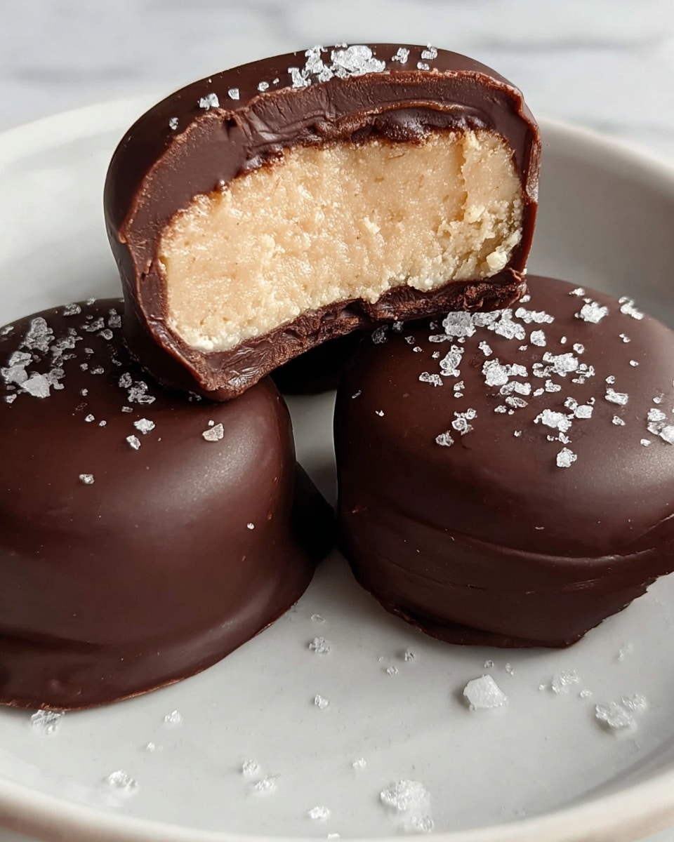 A white plate holds five round chocolate-covered truffles on a white marbled surface. The truffles have a thick dark chocolate outer layer with a smooth, slightly glossy texture and small sea salt flakes sprinkled on top. Two truffles are cut in half, revealing a creamy, pale beige filling with a soft, crumbly texture inside, surrounded by the dark chocolate shell that covers the filling evenly. The truffles are arranged closely together, emphasizing their rich chocolate exterior and contrasting light filling. photo taken with an iphone --ar 4:5 --v 7