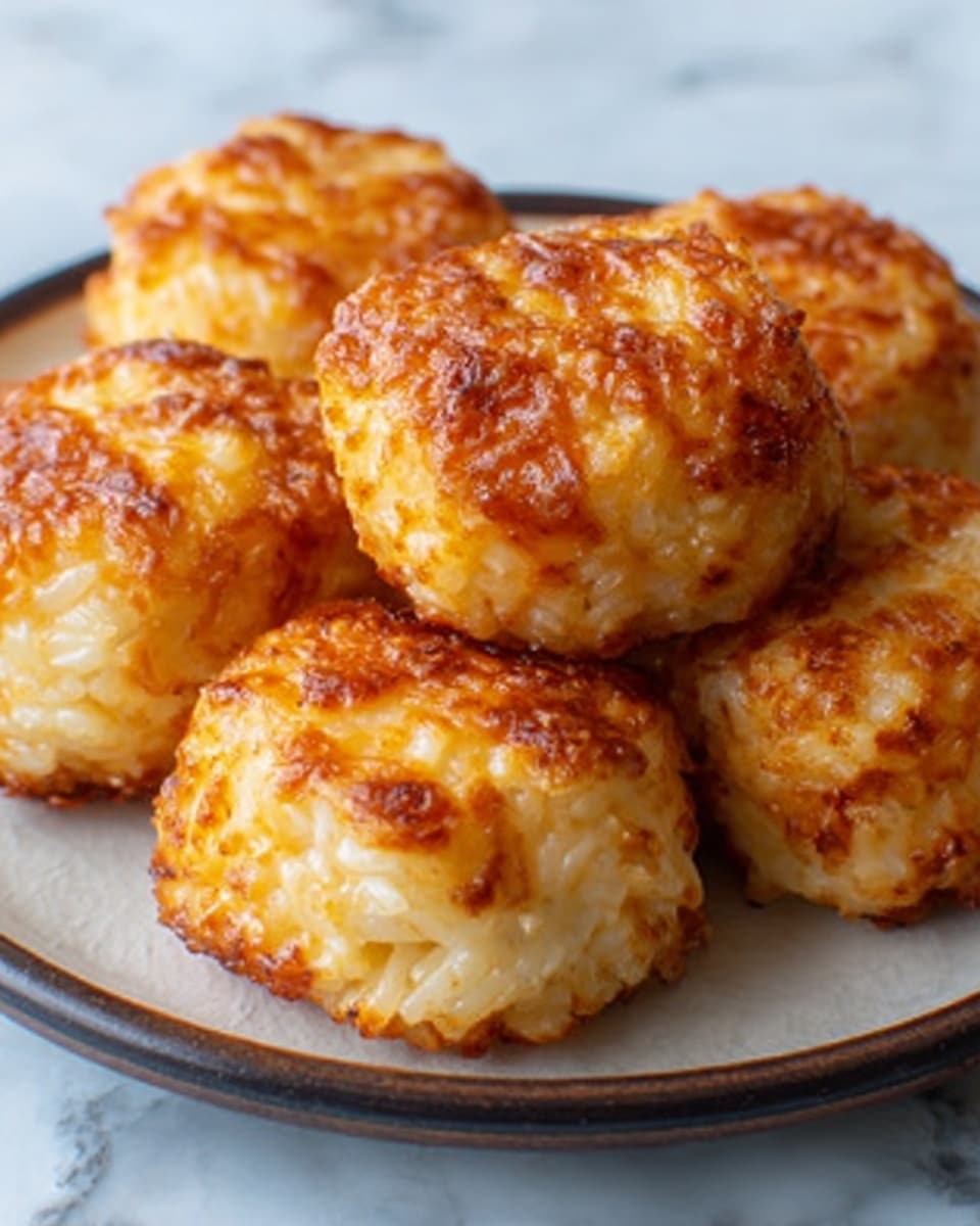 A close-up view of five golden-brown rice balls arranged neatly on a white plate with a dark rim. Each rice ball is closely packed and features a crispy, toasted outer layer with melted cheese visible on top, giving a shiny and slightly crunchy texture. The rice inside looks soft and sticky, with some cheese strands peeking through the browned surface. The plate is set on a white marbled textured background, adding a clean and bright contrast to the warm, golden colors of the rice balls. Photo taken with an iphone --ar 4:5 --v 7