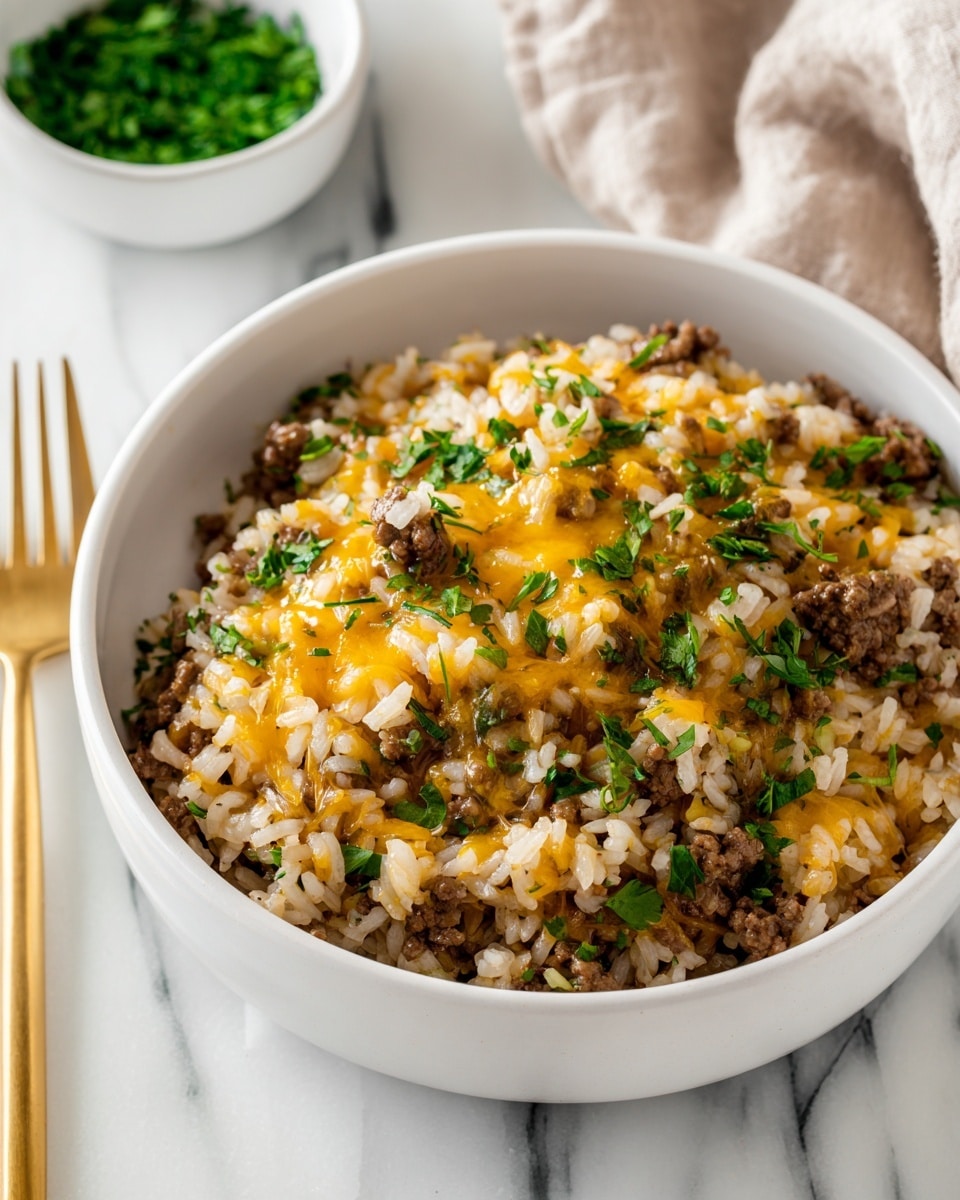 A white bowl filled with cooked rice mixed evenly with browned ground beef, topped with melted yellow cheese that is slightly spread across the surface. Bright green chopped herbs are sprinkled on top, adding a fresh color contrast. The bowl sits on a white marbled surface, with part of a gold fork visible to the side and a glimpse of a beige cloth in the background. In the upper corner, a second white bowl contains more green herbs. photo taken with an iphone --ar 4:5 --v 7