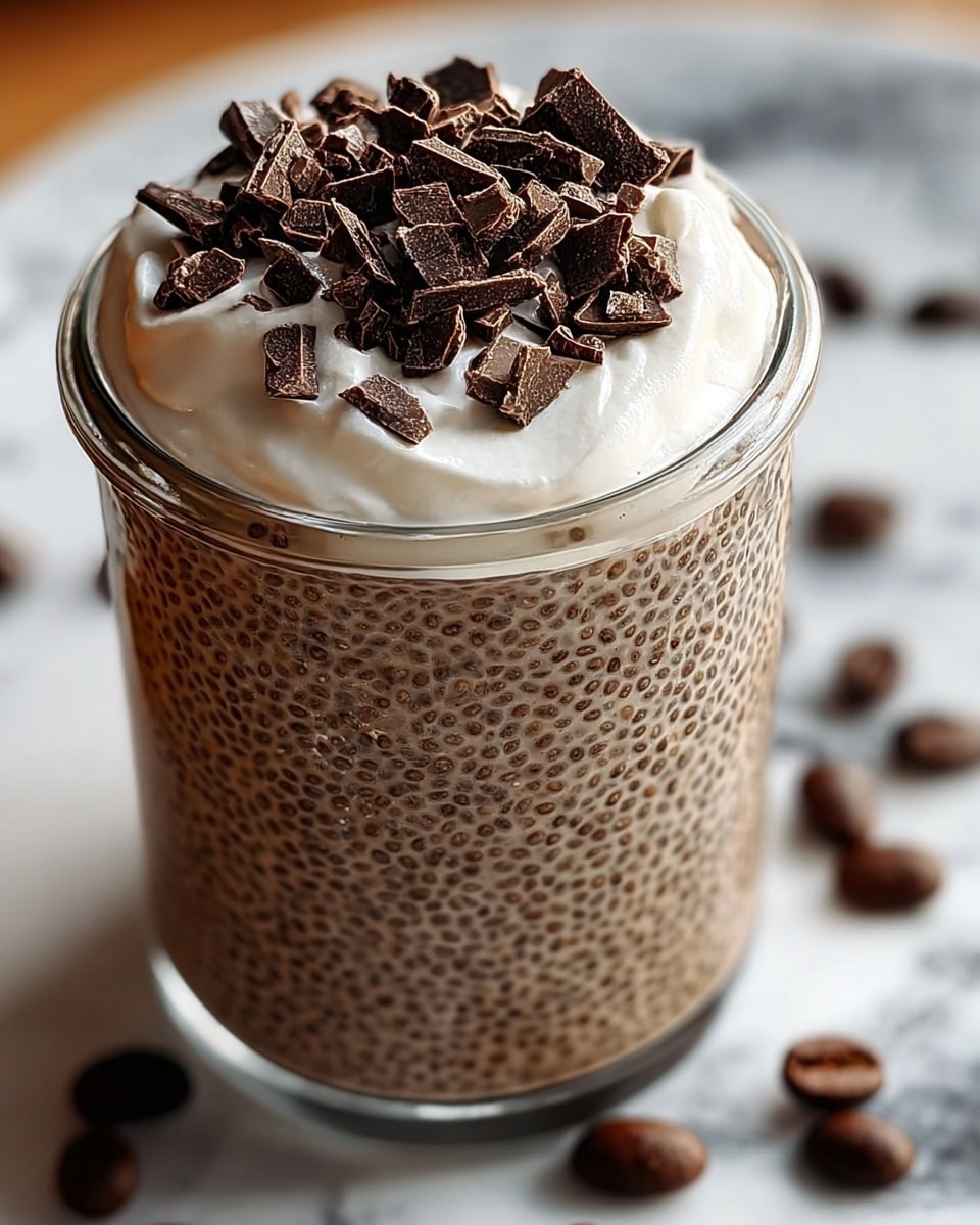 A close-up view of a clear glass jar filled with a textured chia pudding that is light brown with tiny dark chia seeds spread evenly throughout, showing a dense and smooth layer of pudding. On top, there is a thick, creamy white layer of whipped cream or yogurt, smooth and slightly glossy, crowned with a generous pile of broken dark chocolate pieces that are jagged and irregular in shape. Scattered coffee beans are placed on the creamy layer and around the jar on a white marbled surface. The focus is sharp on the jar’s top layers, giving a rich and inviting feel. photo taken with an iphone --ar 4:5 --v 7