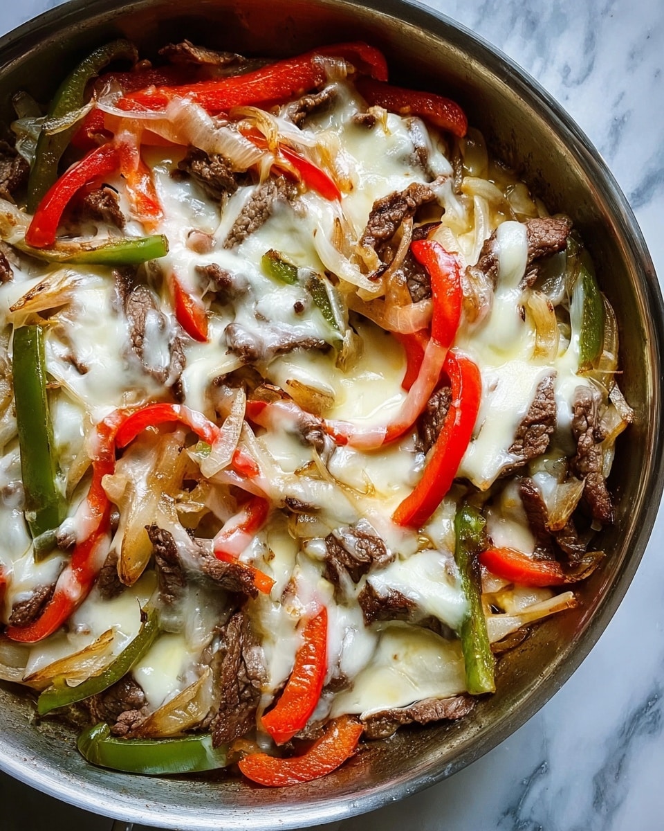 A metal pan filled with cooked slices of beef layered with sautéed onions, red bell pepper strips, and green bell pepper strips. The top layer is melted white cheese draped unevenly over the vegetables and meat, creating a glossy, creamy effect. The pan is placed on a white marbled surface, showing some texture and light reflections. Photo taken with an iphone --ar 4:5 --v 7