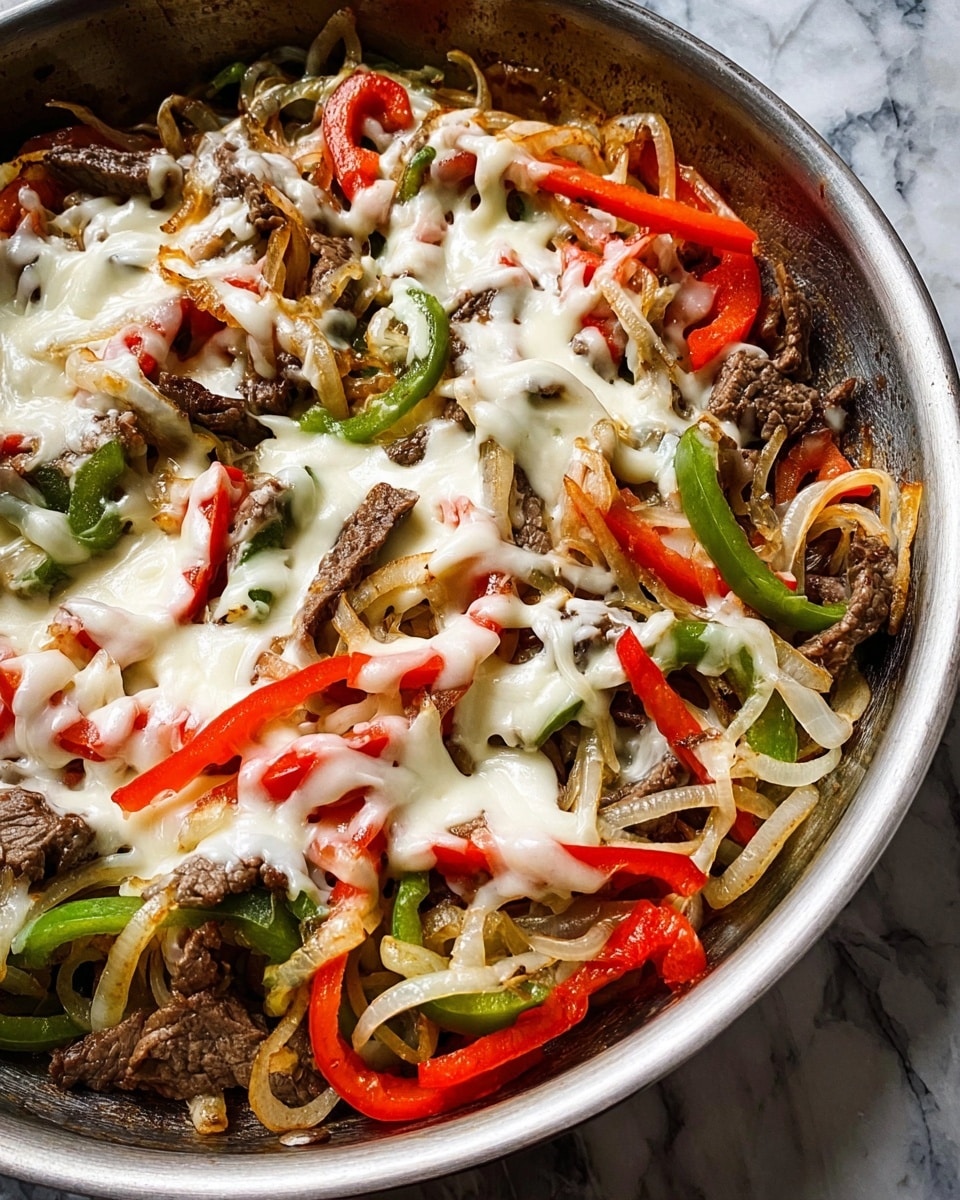 The image shows a close-up of a skillet filled with cooked thin strips of beef, topped with melted white cheese. There are bright red and green bell pepper slices and translucent cooked onion slices mixed throughout the beef, creating a colorful mix of red, green, white, and brown shades. The melted cheese drapes over the ingredients in a creamy, smooth layer. The skillet is metal, placed on a white marbled surface. photo taken with an iphone --ar 4:5 --v 7