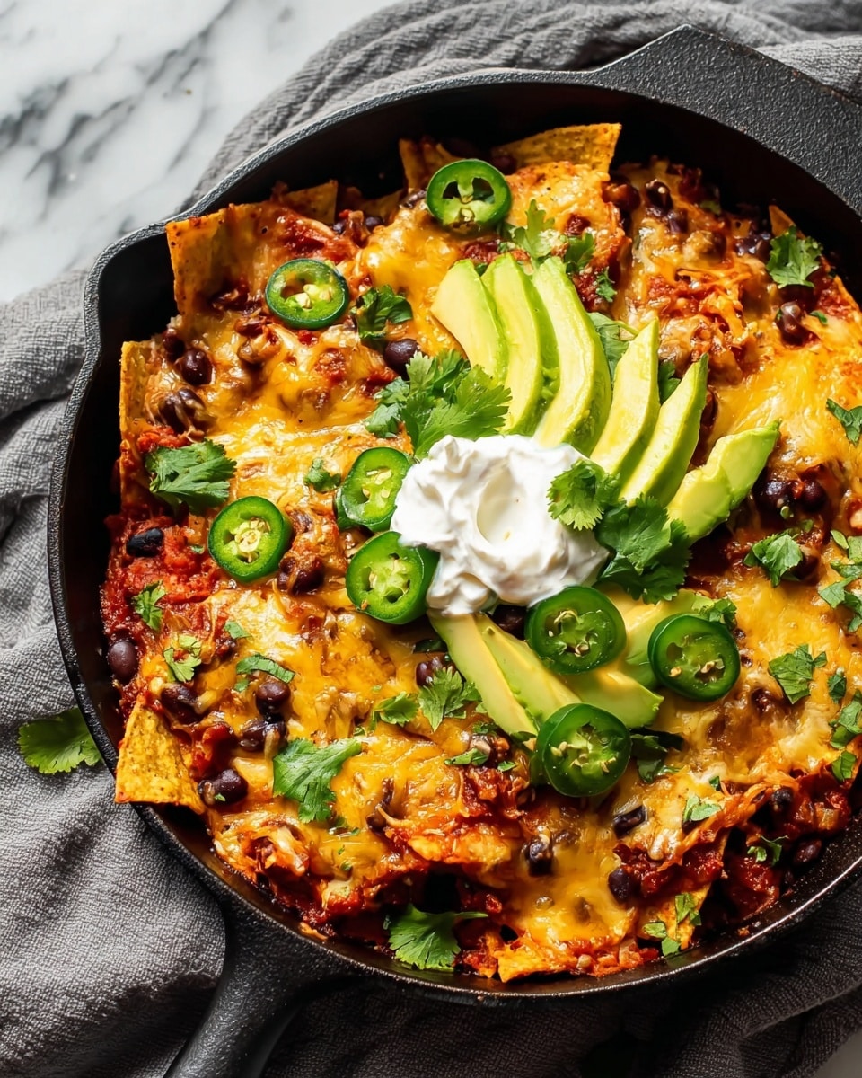 The image shows a black cast iron skillet filled with layers of crispy tortilla chips covered in melted yellow and white cheese, scattered black beans, and chunks of red tomato sauce. On top, there are bright green slices of jalapeño and fresh cilantro leaves scattered around. In the center, several thick slices of light green avocado are fanned out, with a dollop of white sour cream on top, garnished with more cilantro and a jalapeño slice. The skillet sits on a soft grey cloth, and the background is a white marbled texture. photo taken with an iphone --ar 4:5 --v 7