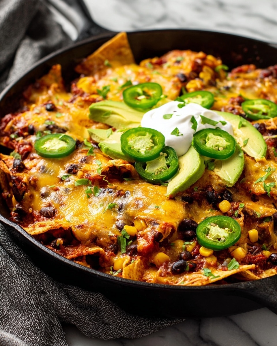 A close-up of a black pan filled with layered nachos: the base shows crispy tortilla chips covered with a rich mix of melted yellow and white cheese, black beans, corn, and tomato sauce. On top, there are fresh green slices of avocado and jalapeños centered, with a dollop of white sour cream on the avocado. Small green herb leaves are sprinkled across the nachos. The pan rests on a white marbled surface with a gray cloth nearby. Photo taken with an iphone --ar 4:5 --v 7
