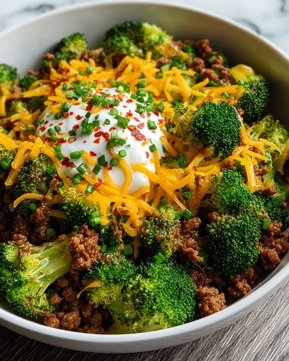 A close-up of a white bowl filled with a dish made of bright green broccoli florets and browned crumbled ground meat spread evenly as the base layer. On top, there is a layer of melted shredded yellow cheddar cheese mixed with cooked onions, giving a soft texture. At the very center, a dollop of white sour cream sprinkled with red chili flakes and small chopped green chives adds color contrast and creaminess. The ingredients are mixed but layered in a way that each element is clear visually, all placed on a white marbled surface photo taken with an iphone --ar 4:5 --v 7